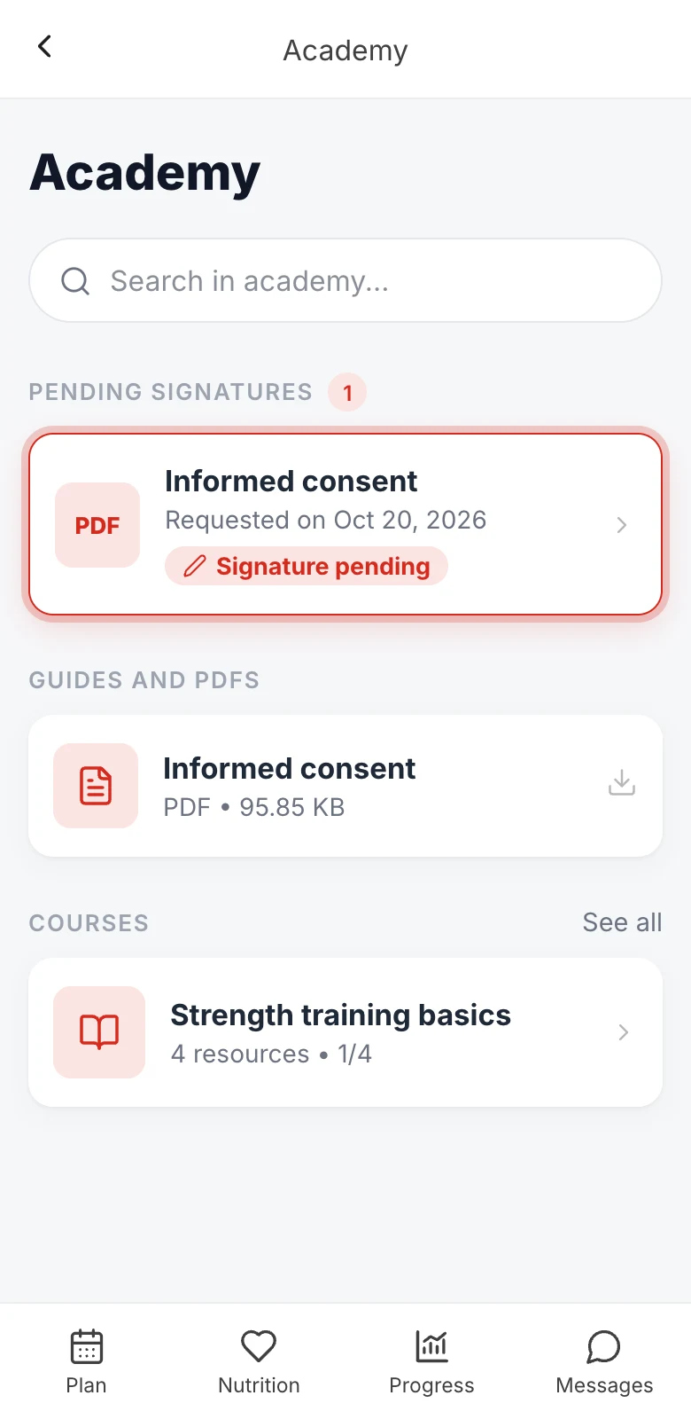 Pending signatures section in the Academy with an informed consent form waiting for an answer