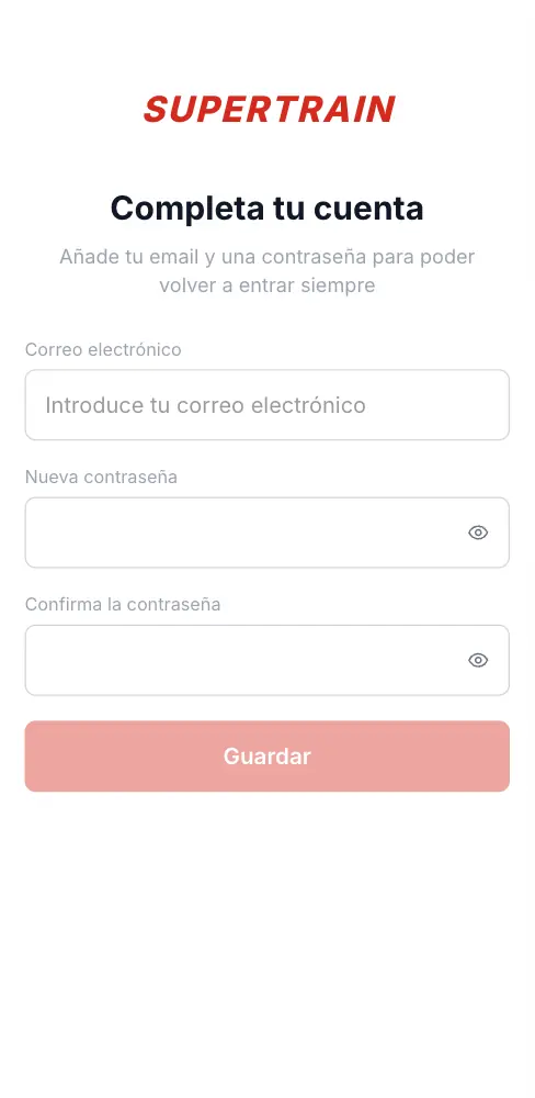 Rellenar email y contraseña en la pantalla Completa tu cuenta