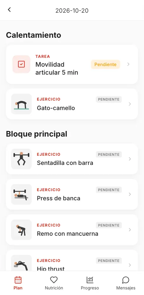 Recorrer los bloques del entrenamiento del día y abrir un ejercicio