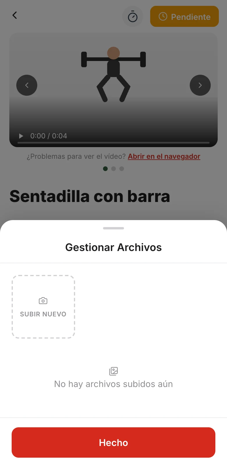 Ventana Gestionar Archivos para subir una foto o un vídeo del ejercicio