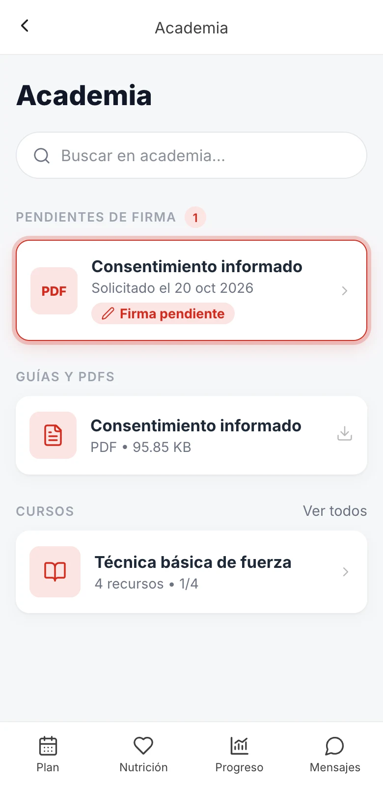 Sección Pendientes de firma de la Academia con un consentimiento informado esperando respuesta