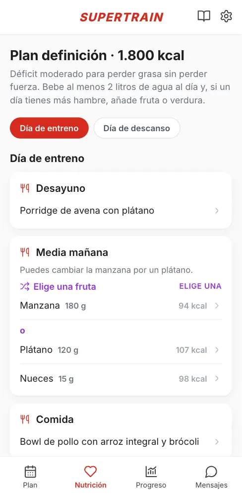 Cambiar entre día de entreno y día de descanso y abrir una receta