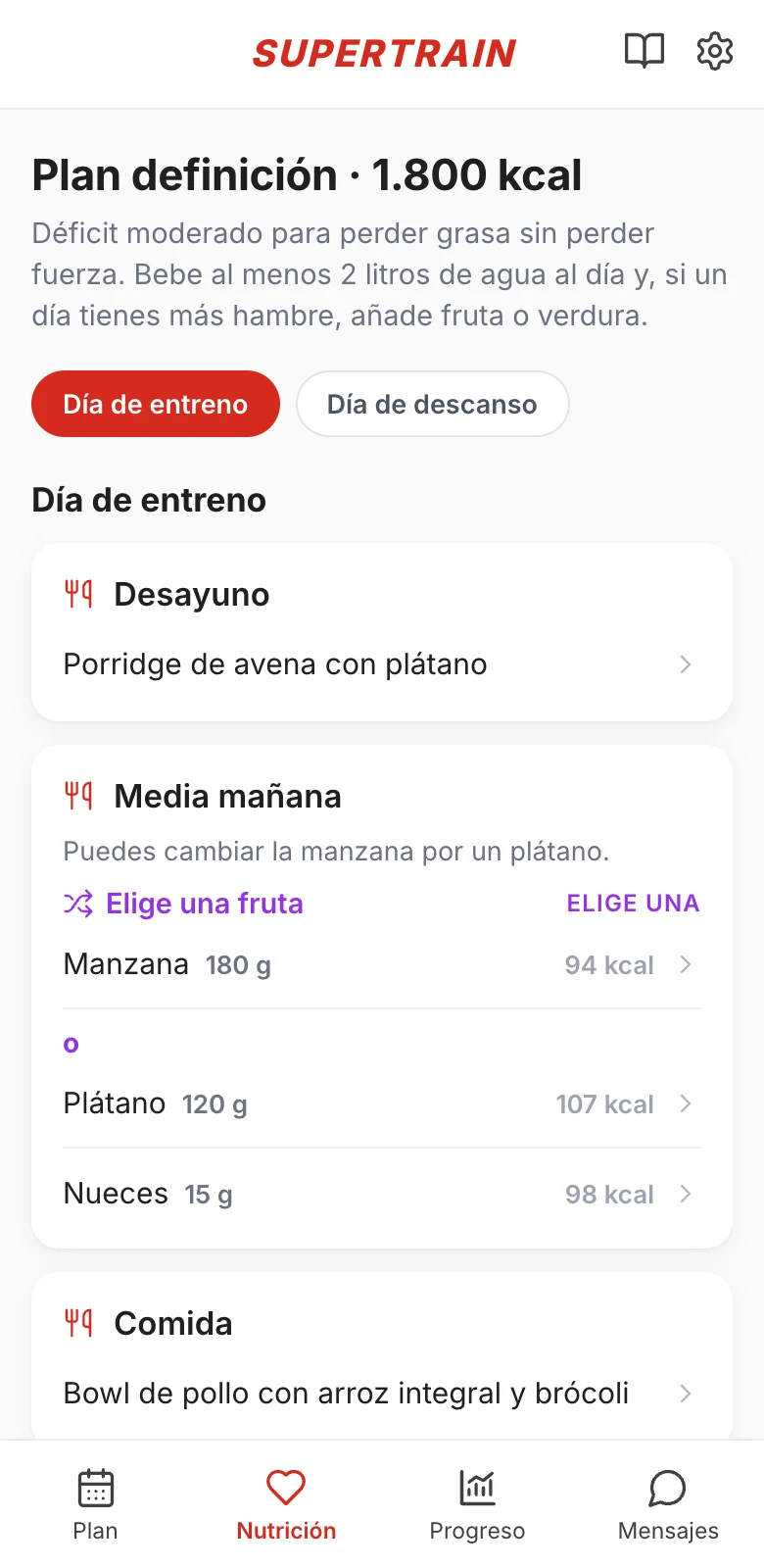 Plan nutricional con los días del plan y las comidas del día de entreno