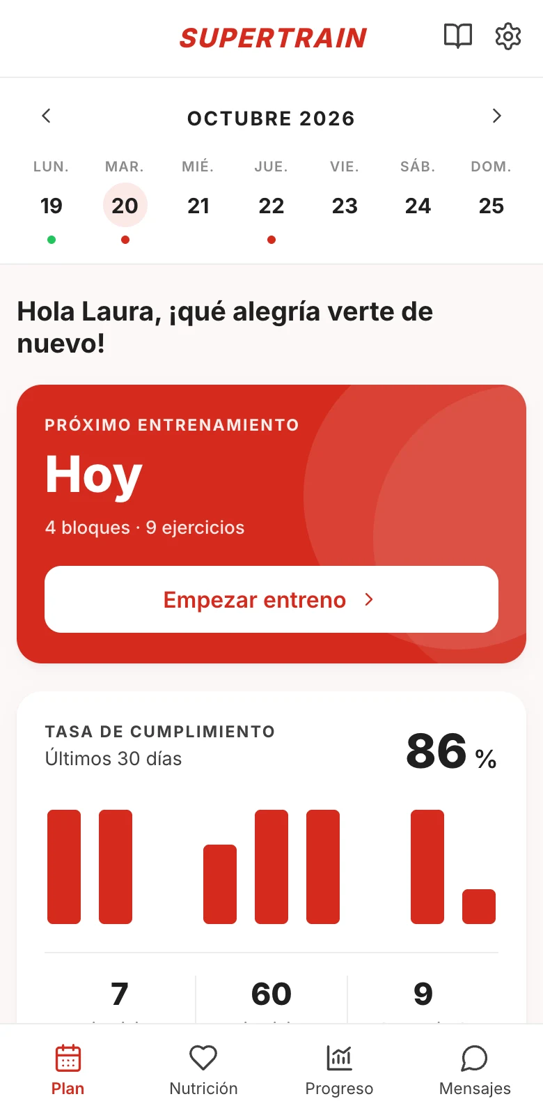 Pantalla de inicio con el calendario semanal, el próximo entrenamiento y la tasa de cumplimiento