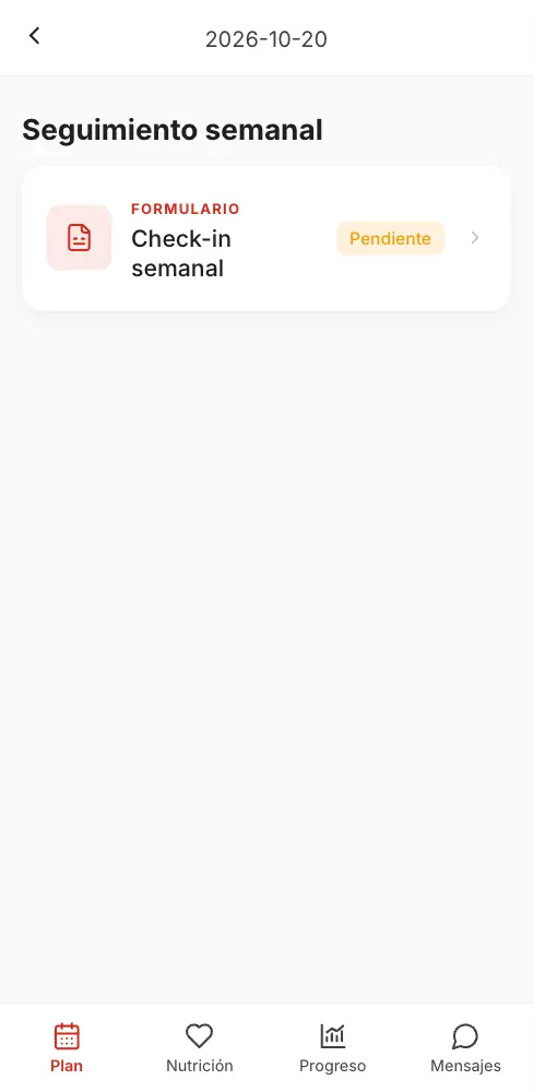 Responder las cuatro preguntas de un check-in semanal, enviarlo y ver el formulario como Completado