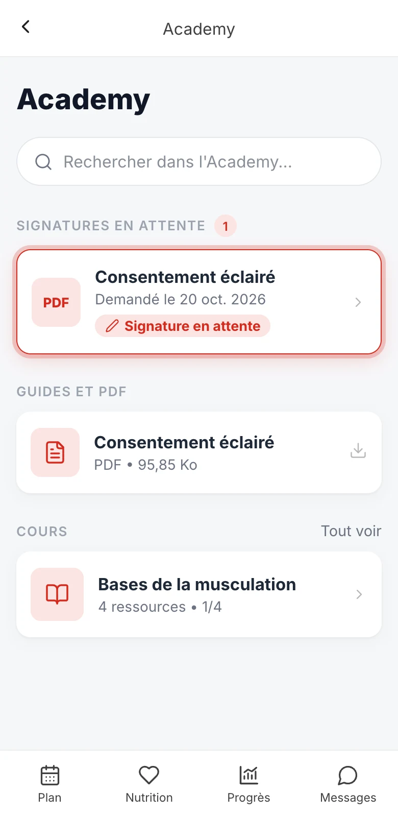 Section Signatures en attente de l'Academy, avec un consentement éclairé qui attend une réponse
