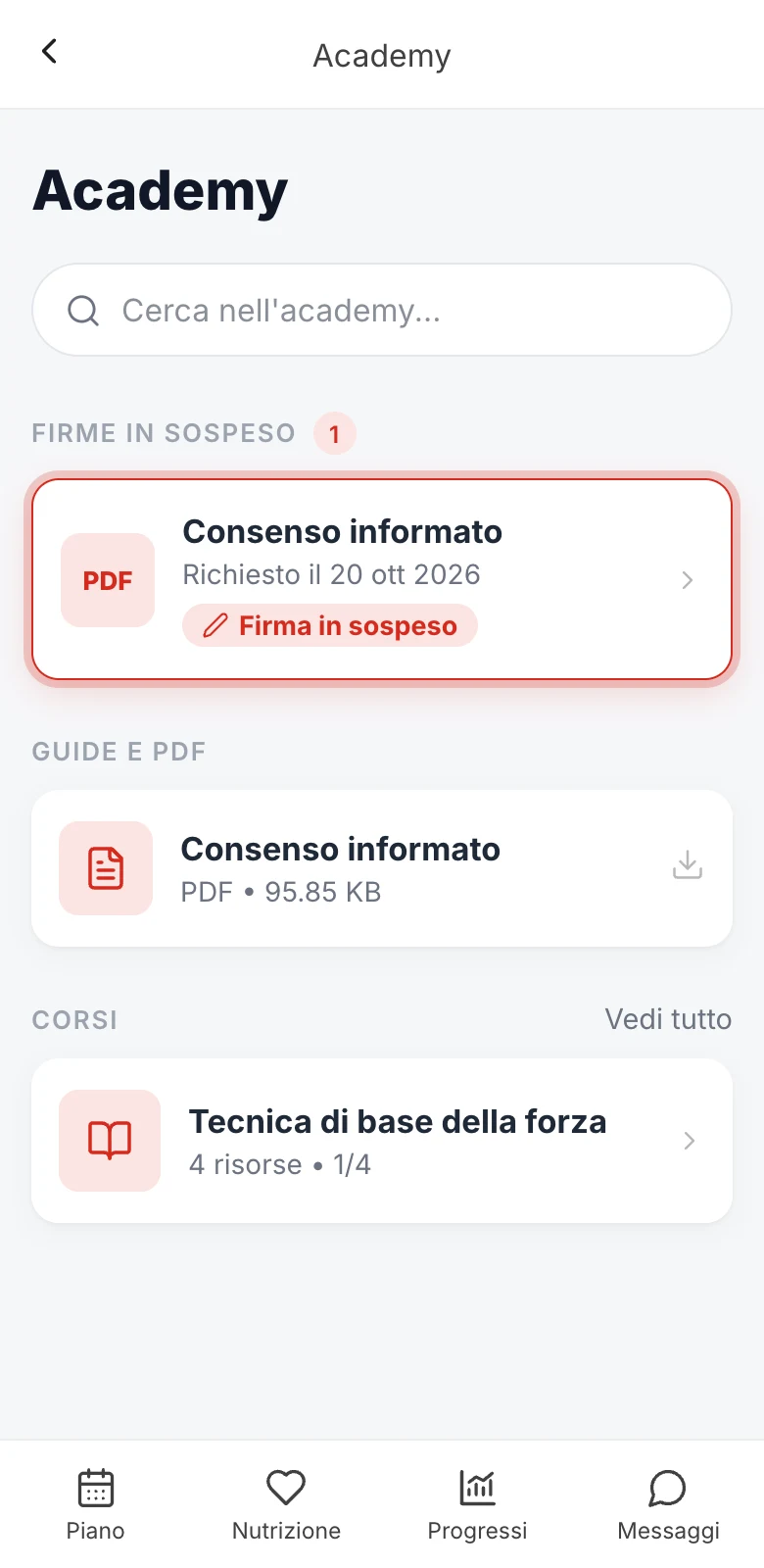 Sezione Firme in sospeso dell'Academy con un consenso informato in attesa di risposta