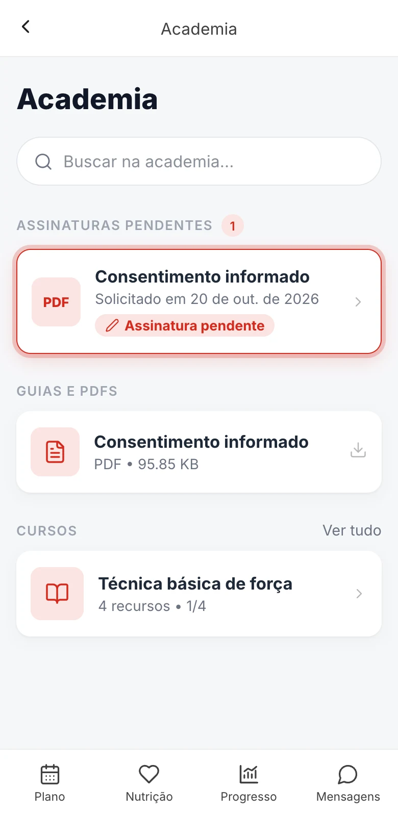 Seção Assinaturas pendentes da Academia com um consentimento informado esperando resposta