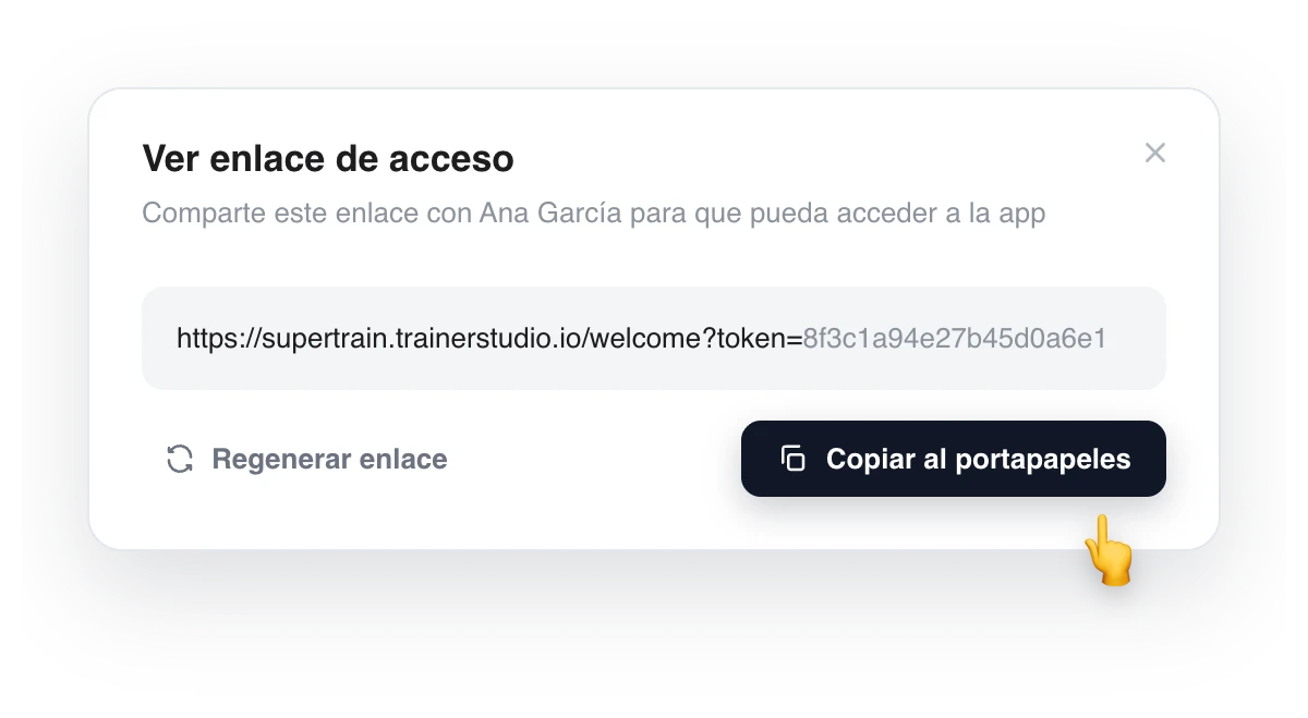 Diálogo «Ver enlace de acceso» con el enlace del cliente, el botón «Regenerar enlace» y el botón «Copiar al portapapeles»