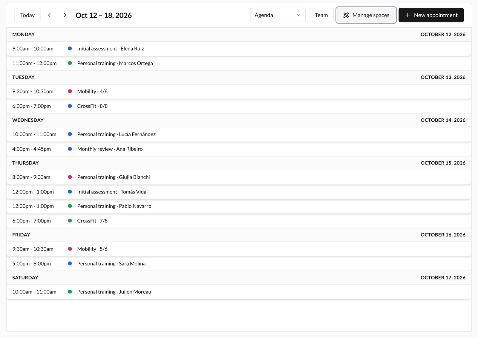 Calendar in Agenda view with the week's appointments in a chronological list