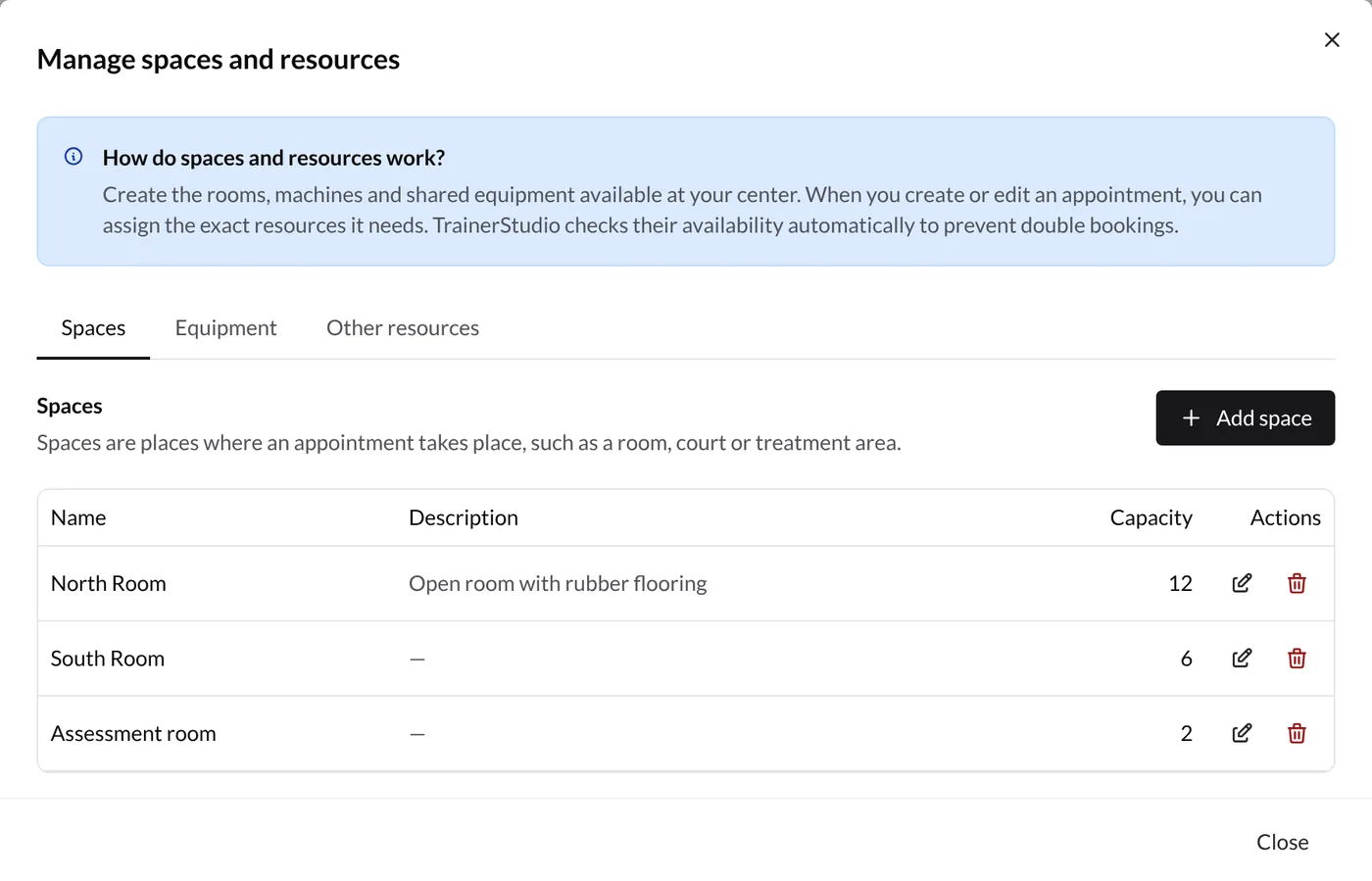 Manage spaces and resources dialog with the Rooms and spaces, Equipment and Other resources tabs and the list of rooms with their capacity
