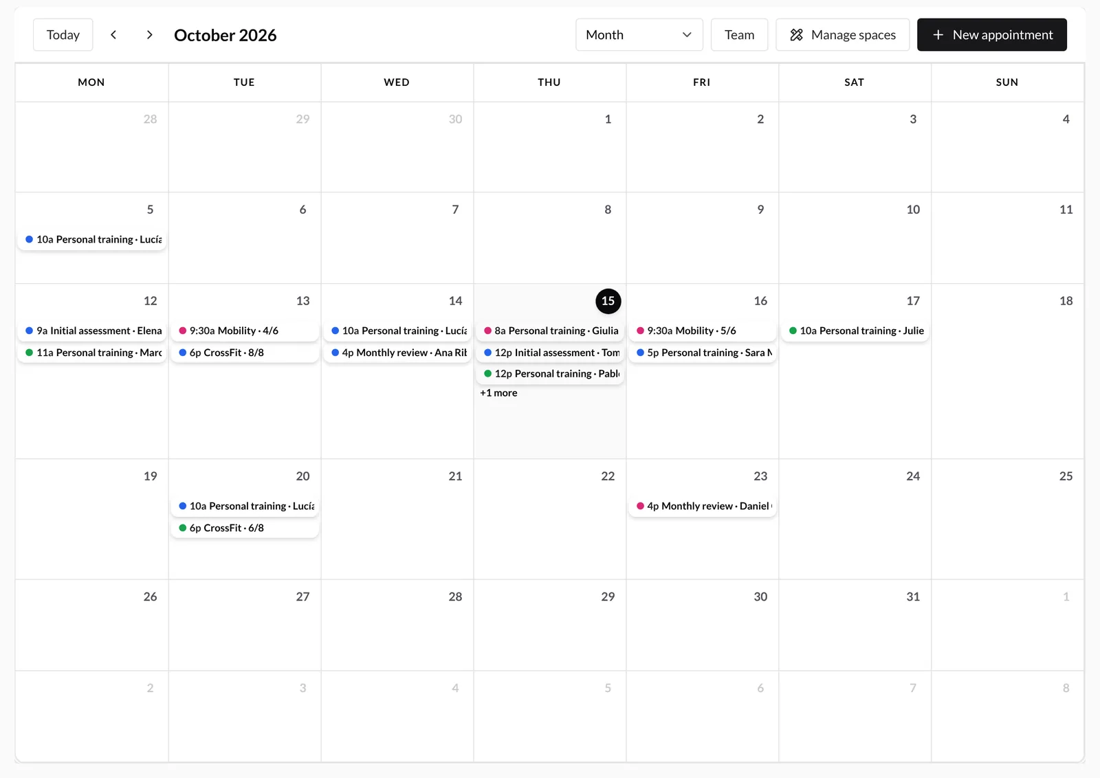 Calendar in Month view with appointments from three trainers, each with its own color