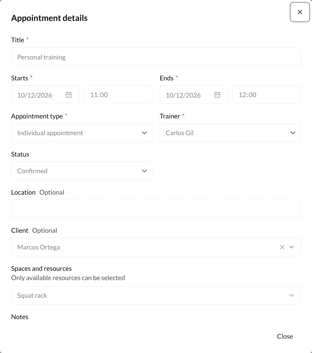 Another trainer's appointment details opened read-only, with disabled fields and only the Close button