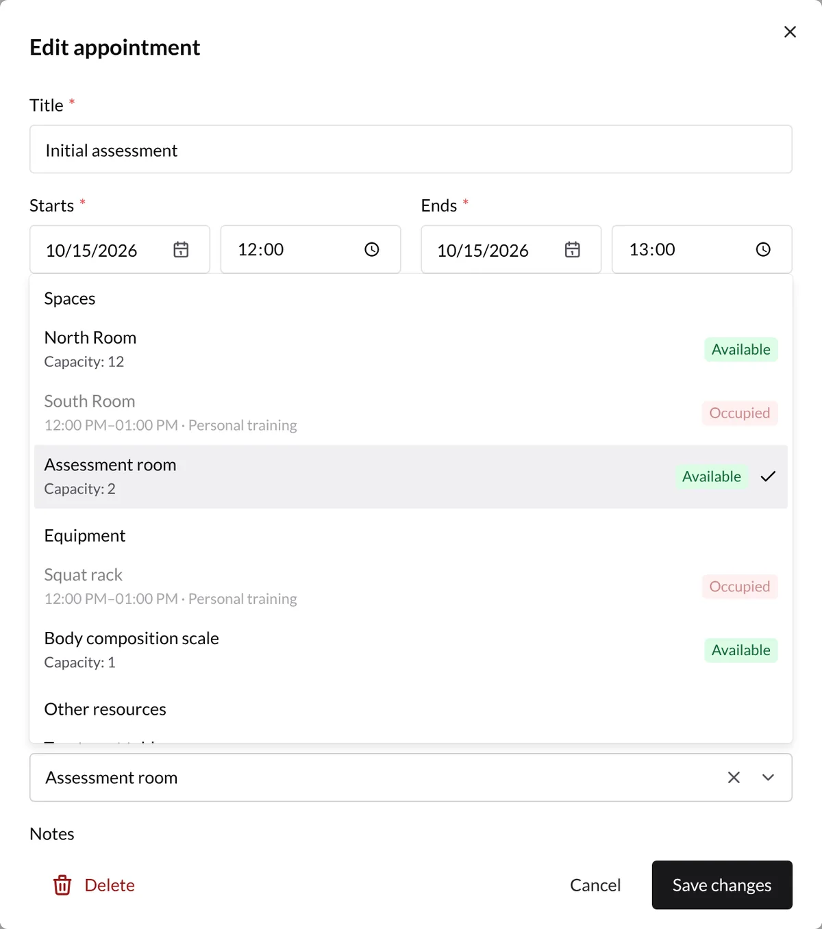 Spaces and resources picker grouped by category, with free resources and others busy with another appointment at the same time