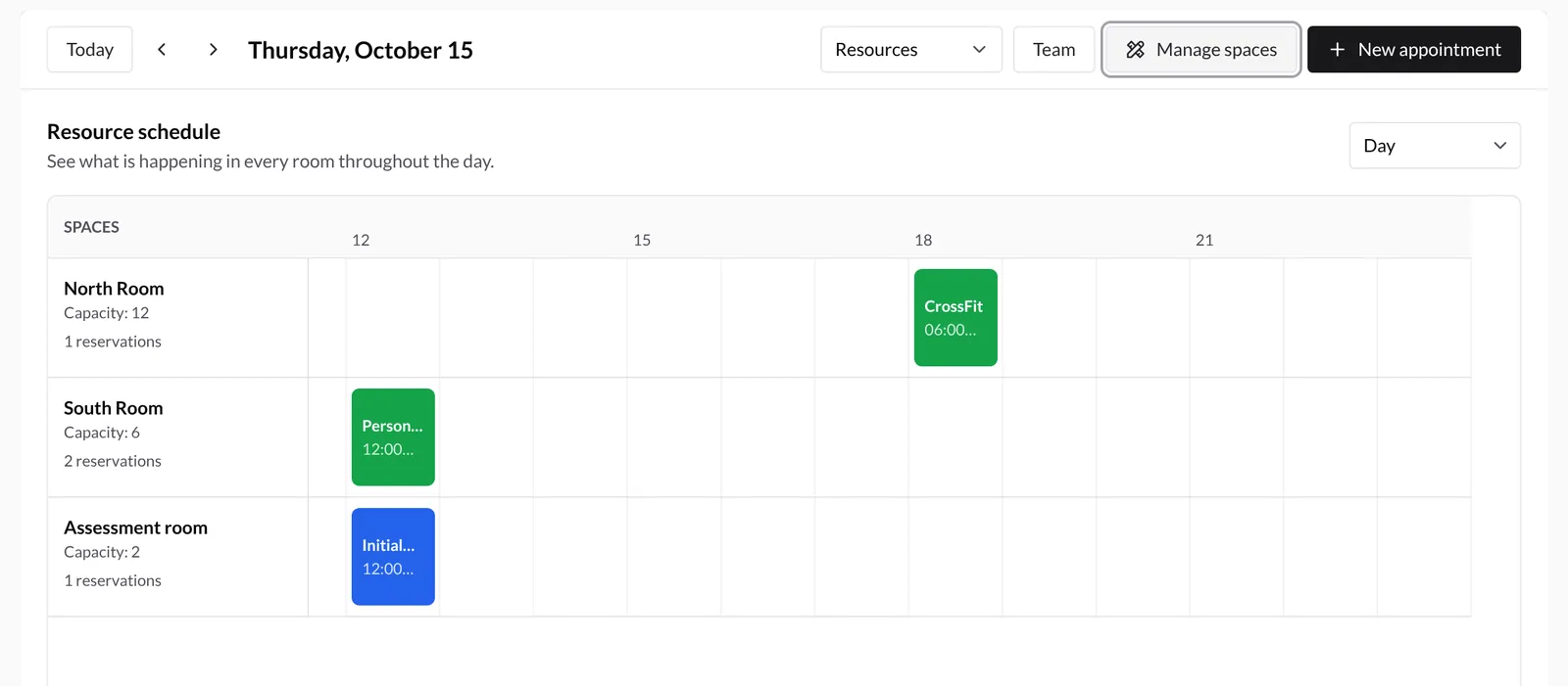 Resources view with rooms in rows, time running horizontally and each booking in its time slot