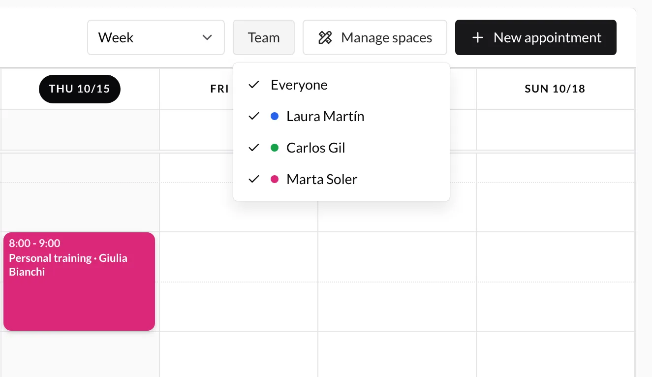 Team selector open with All and the three trainers checked, each with its color dot
