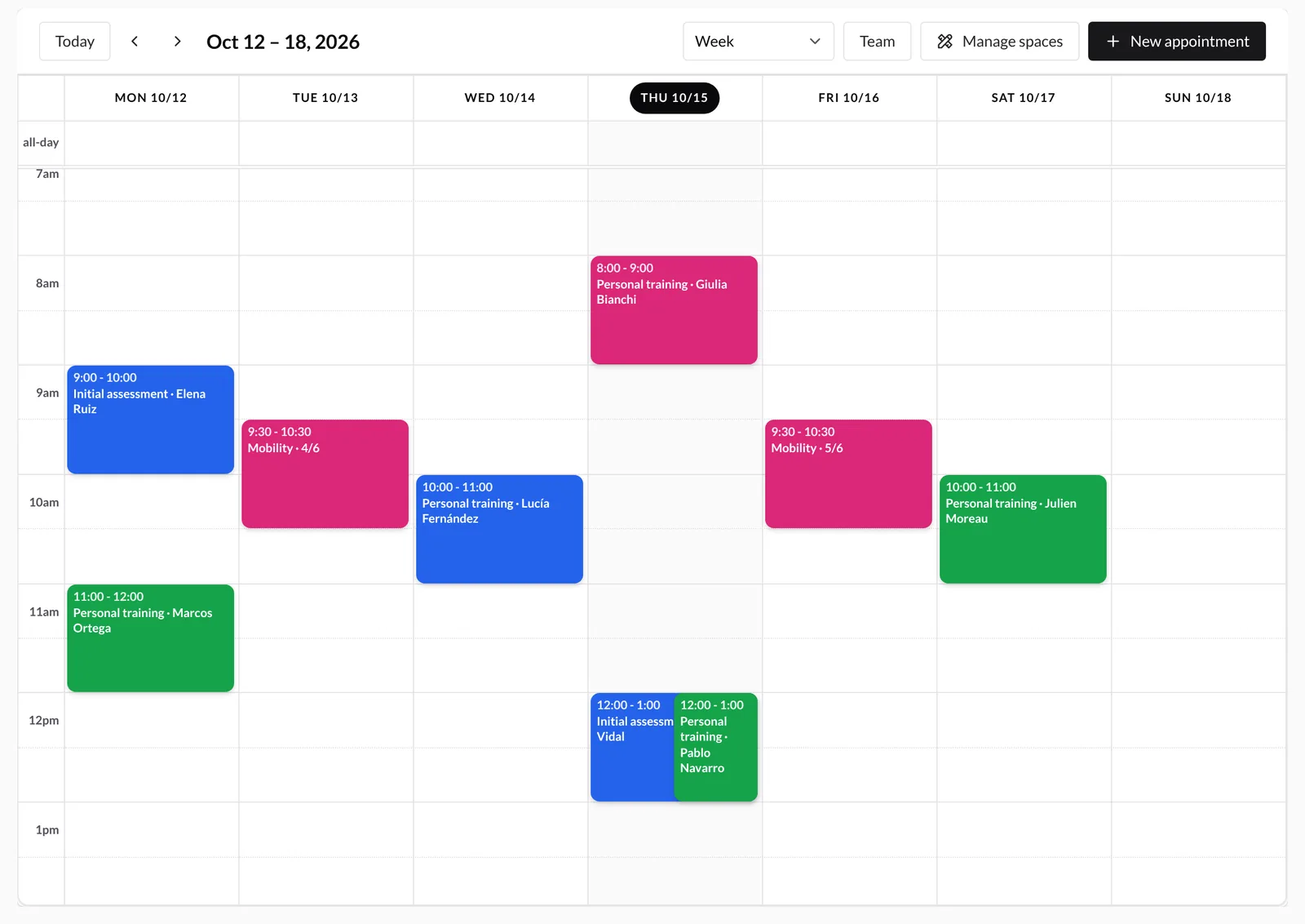 Calendar in Week view with individual appointments and group classes laid out by hour