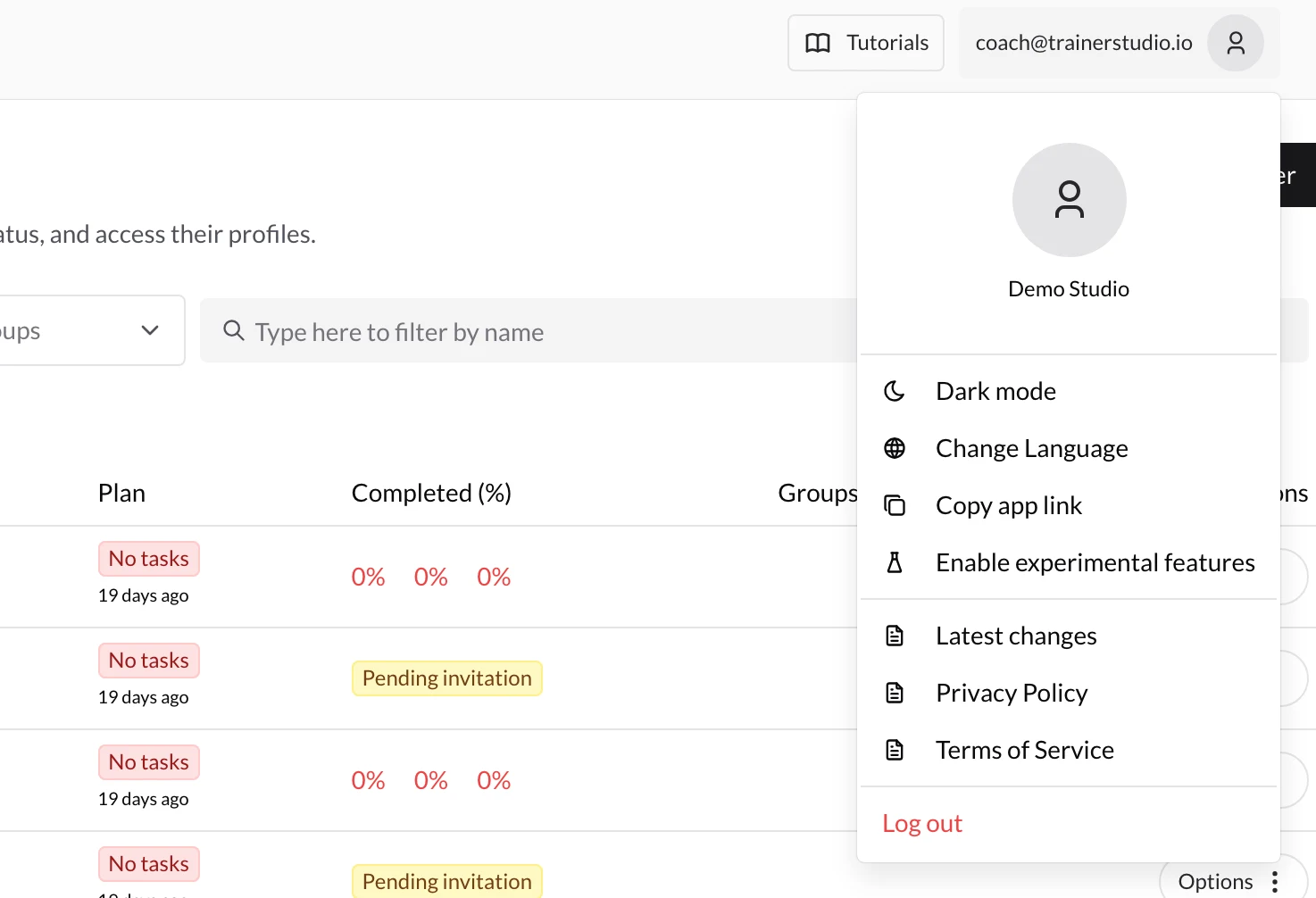 Account menu opened from the email at the top right, with “Dark mode”, “Change Language”, “Copy app link” and, at the bottom, “Log out”