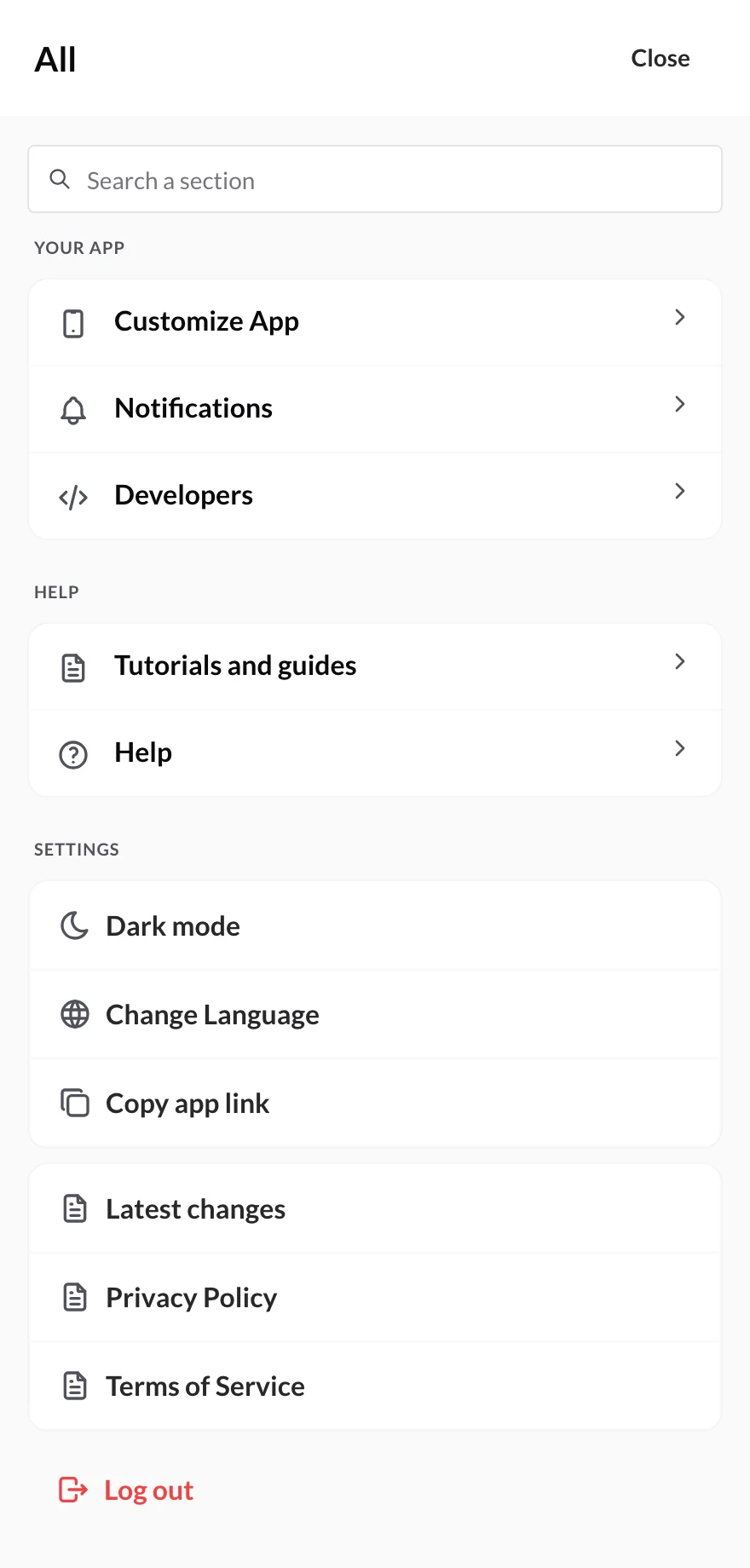 “All” sheet on the phone with the app sections, the settings and, at the bottom, “Log out” in red