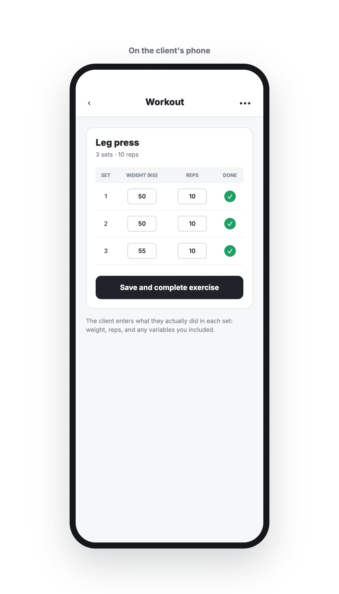 Client app showing three logged Leg press sets
