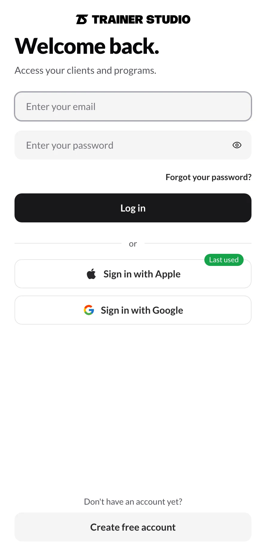 “Welcome back.” screen with the email and password fields, the “Log in” button, the “Sign in with Apple” and “Sign in with Google” buttons and the green “Last used” label on the Apple one