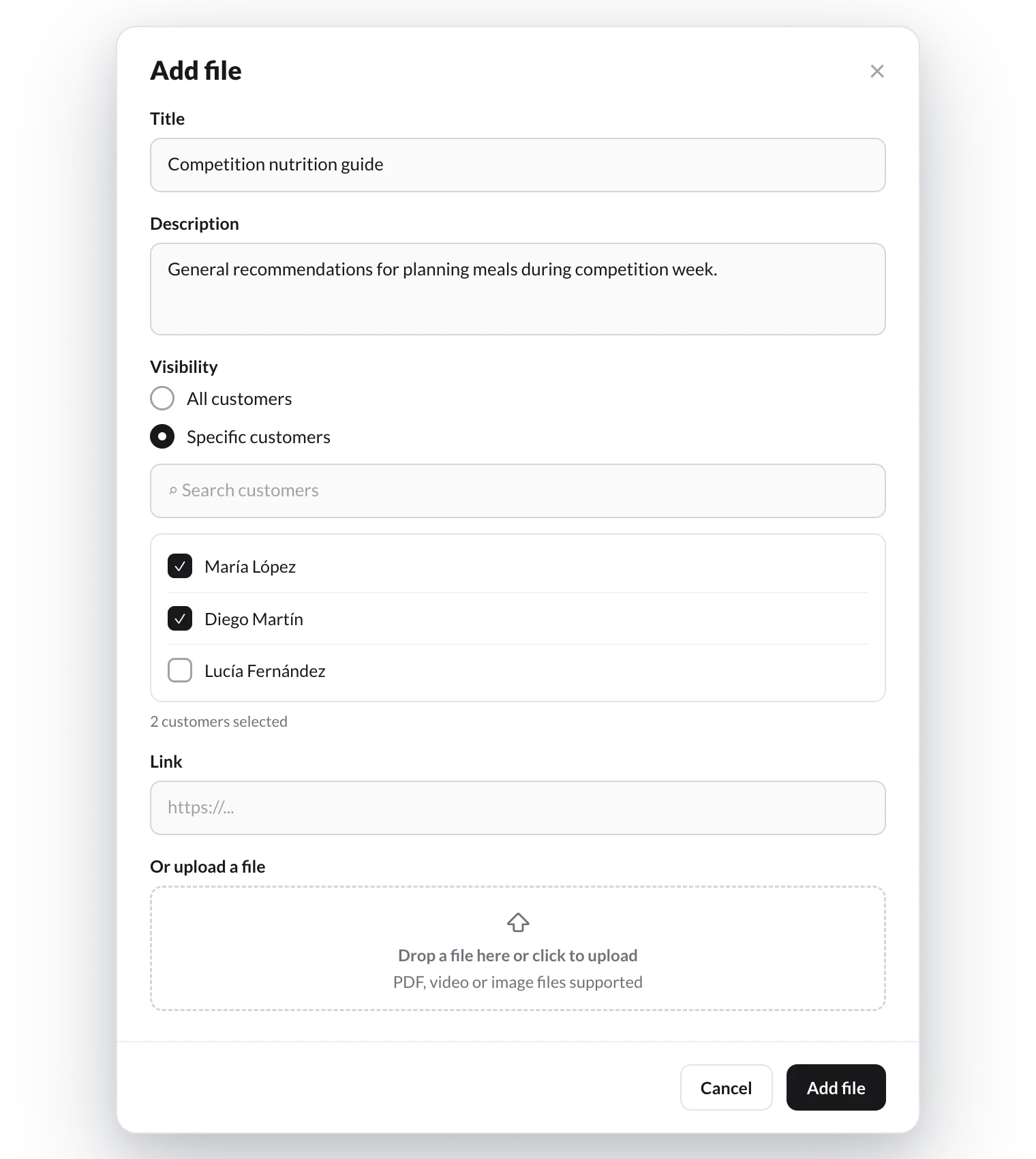 Add file dialog with Specific clients selected and María López and Diego Martín checked