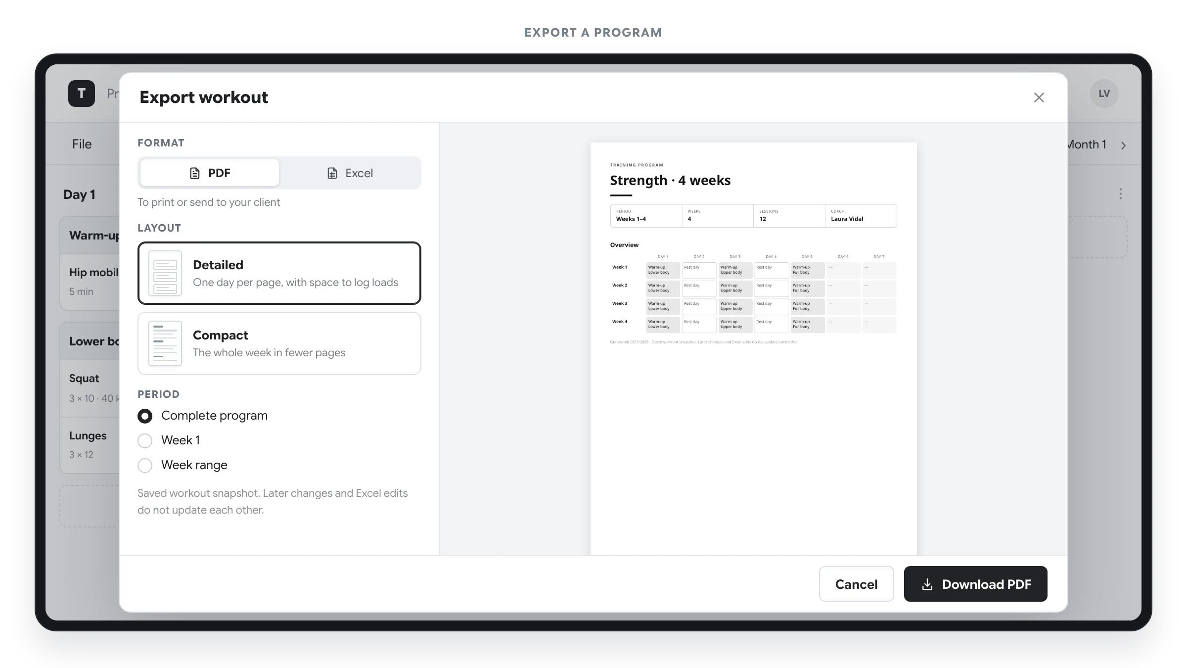 Program export dialog with format, layout and period options on the left and a PDF preview on the right