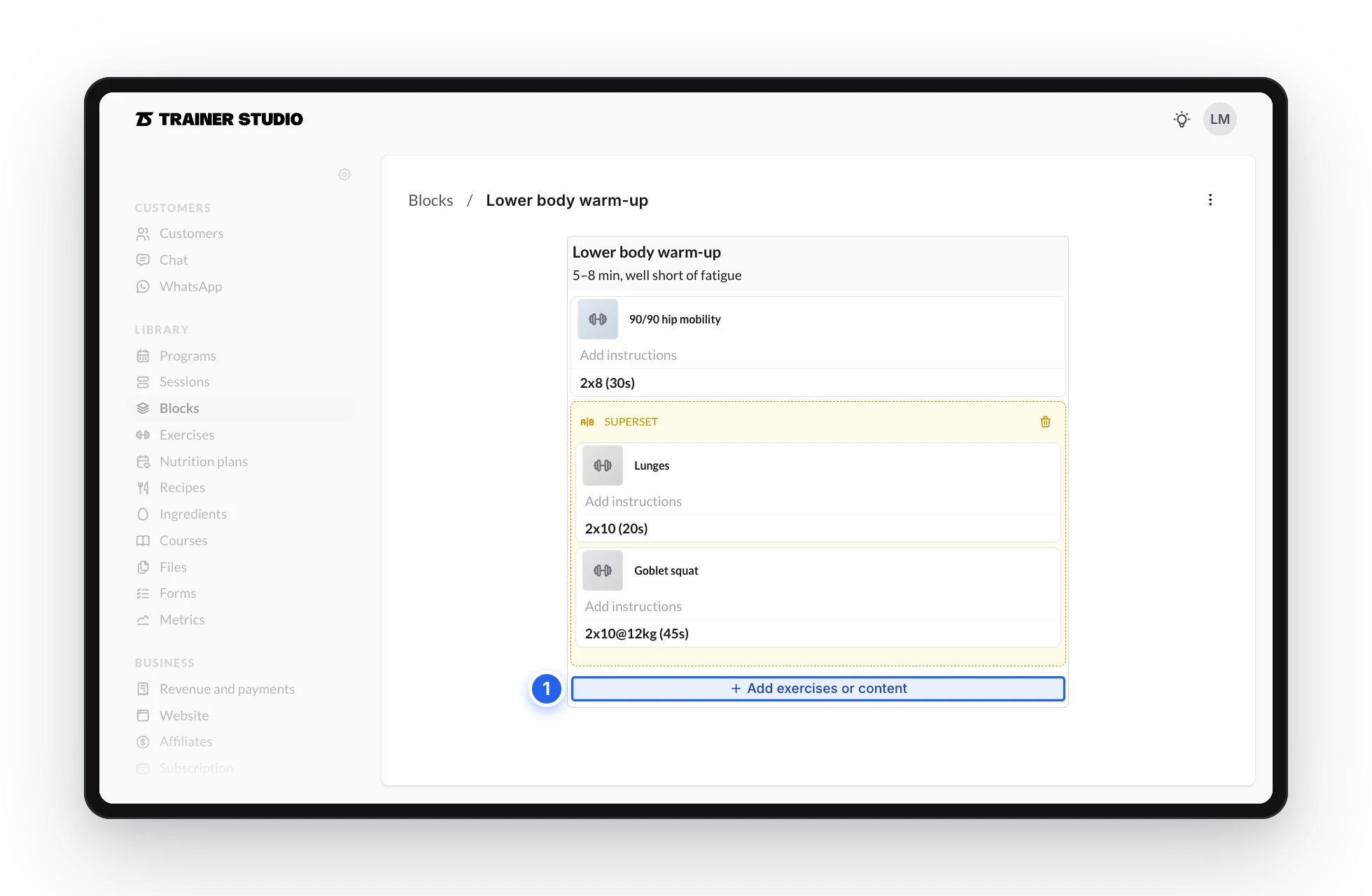 Editor of a block template with a single warm-up block and its exercises
