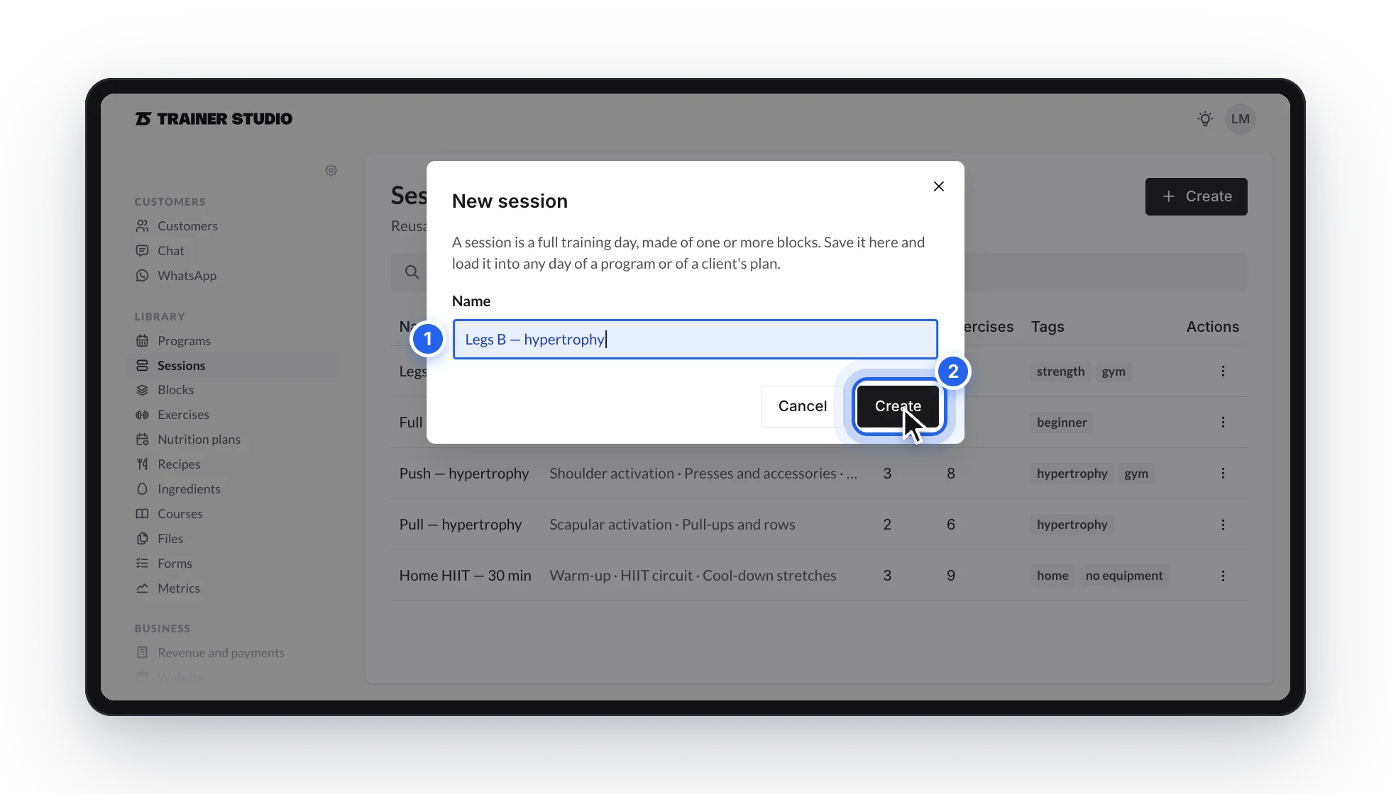The “New session” dialog with the explanation of what a session is, the “Name” field and the “Cancel” and “Create” buttons