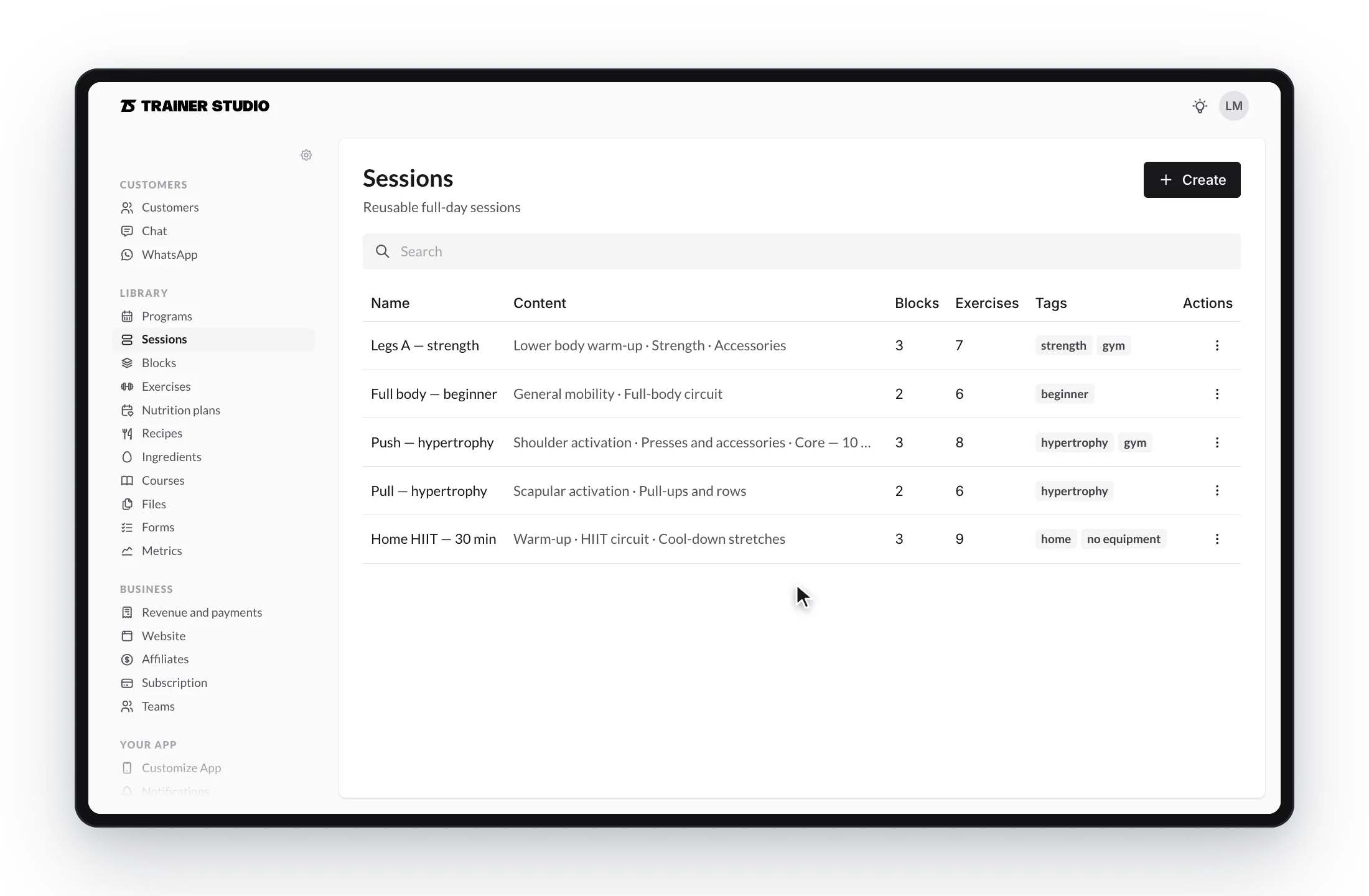 Animation: “Create” is clicked, the session name is typed, the empty editor opens and the first exercise is added