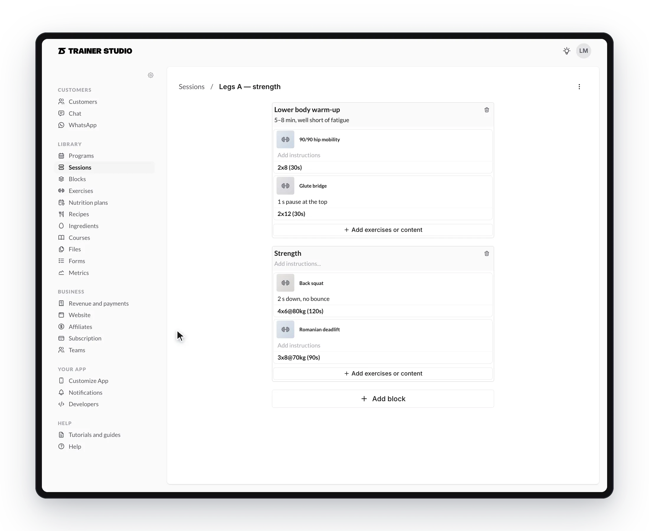 Animation: a set is changed, “Add block” is clicked and the new block is given a name