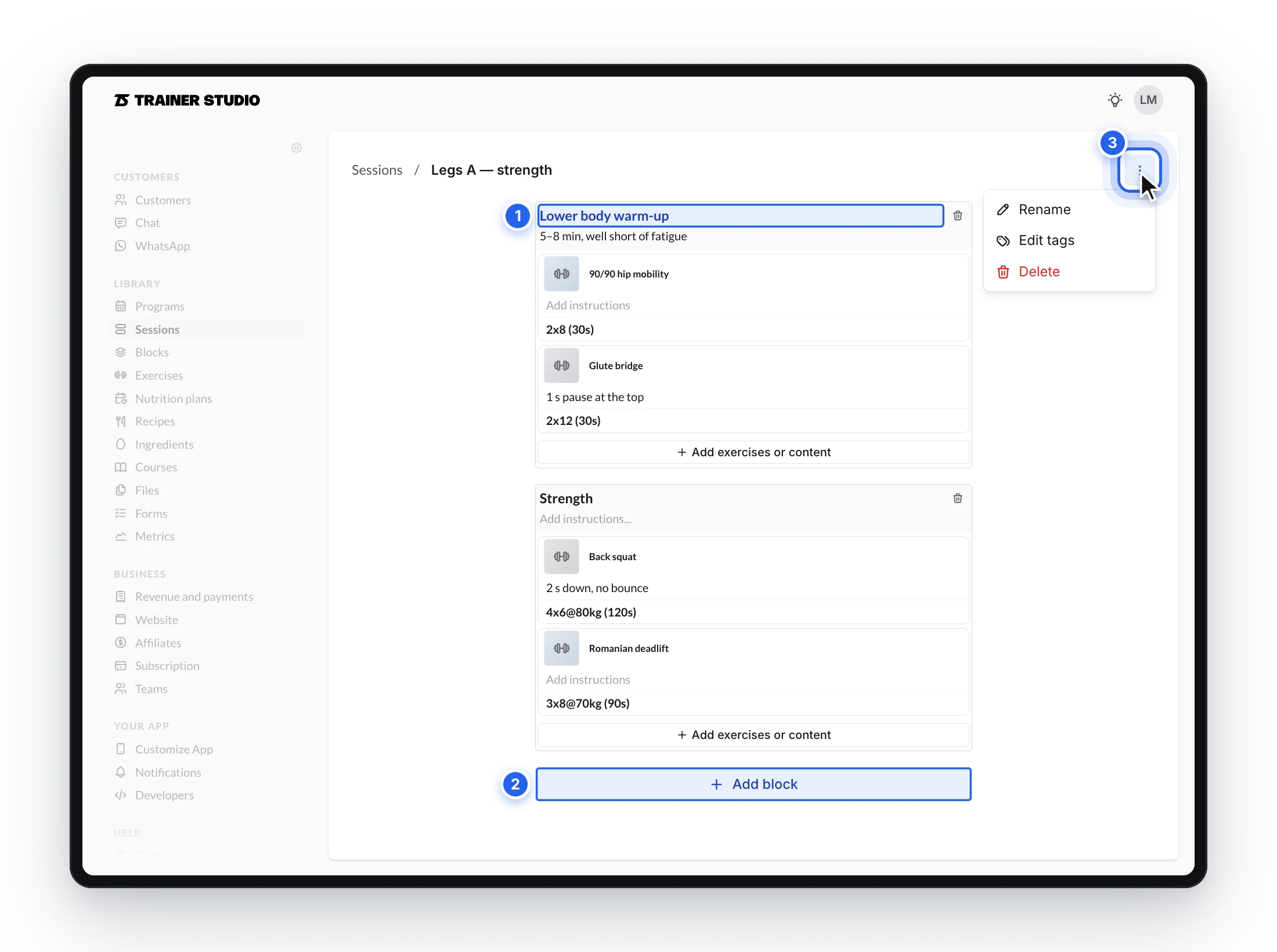 Editor of a session template with two blocks, their exercises and sets, the “Add block” button and the menu with “Rename”, “Edit tags” and “Delete”