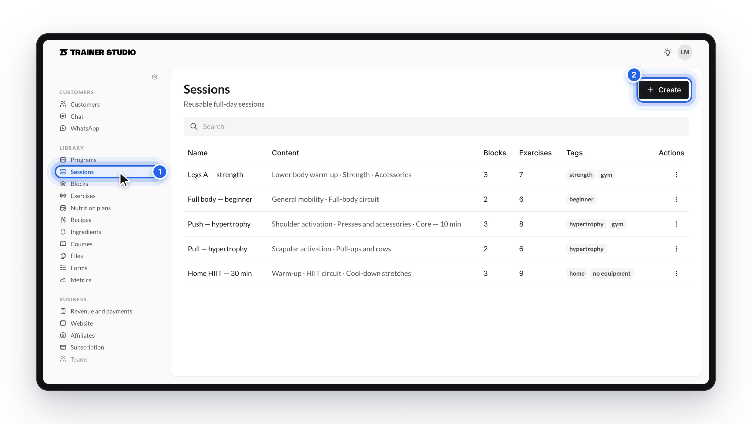 The “Sessions” section of the library with the list of templates, their content, number of blocks and exercises, tags and the “Create” button