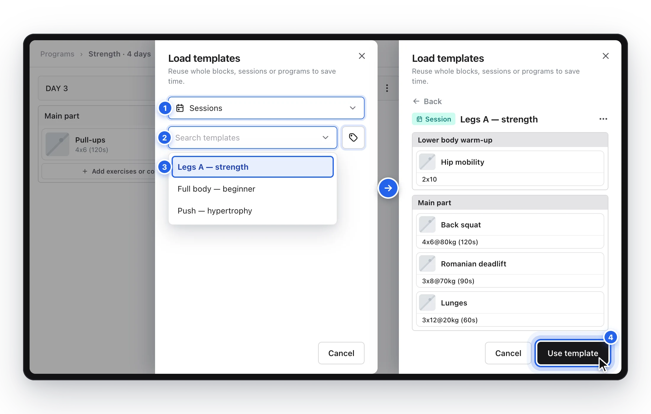 The “Load templates” panel with the search box, saved sessions, the “Legs A — strength” template selected, its preview and the “Use template” button