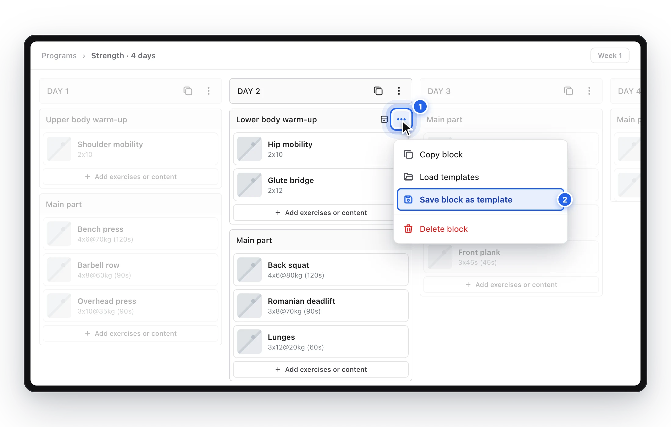 Planner with the three-dot button of a block highlighted and its menu open on “Save block as template”
