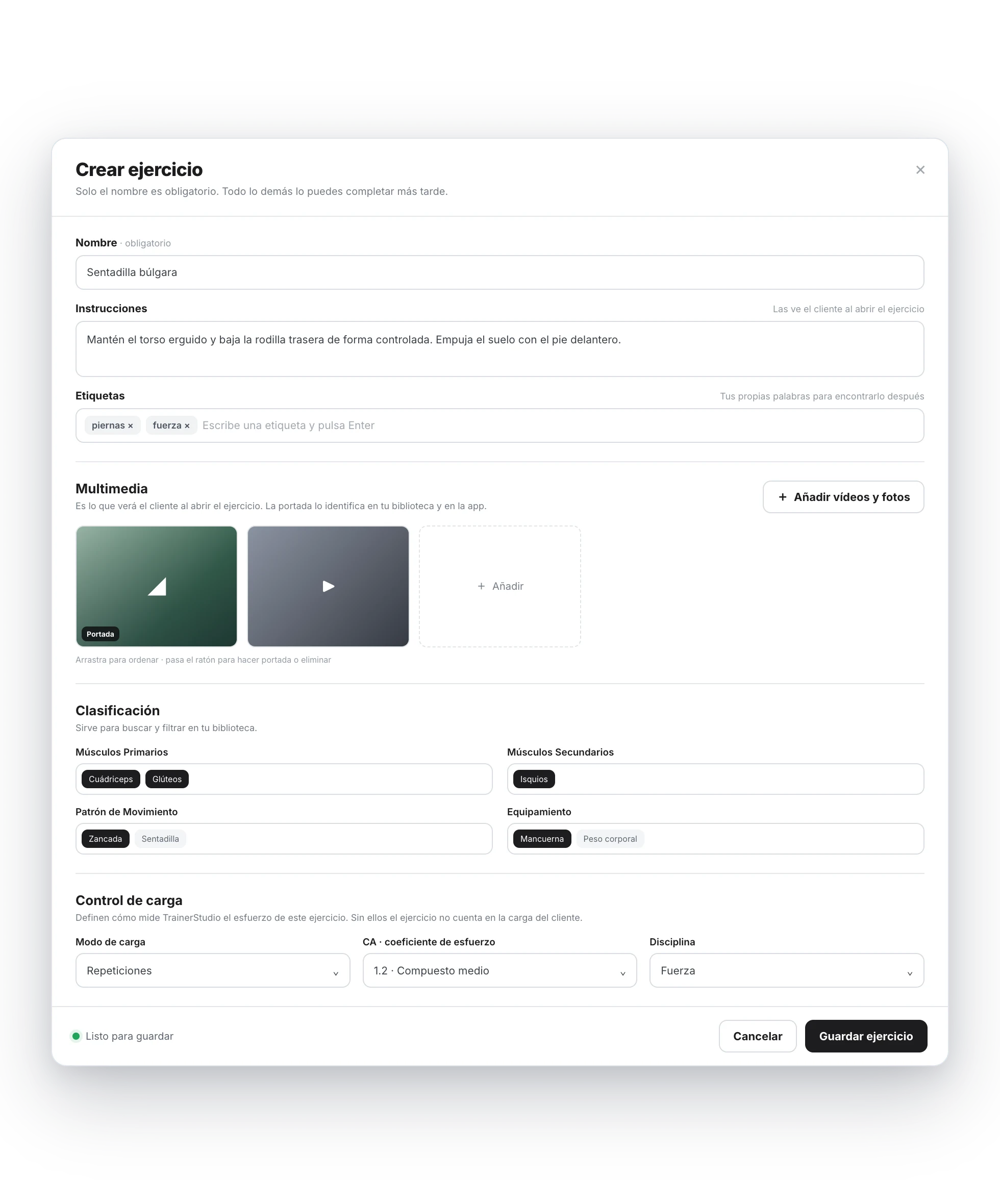 Diálogo Crear ejercicio completo con nombre, instrucciones, etiquetas, multimedia, clasificación, control de carga y el estado Listo para guardar