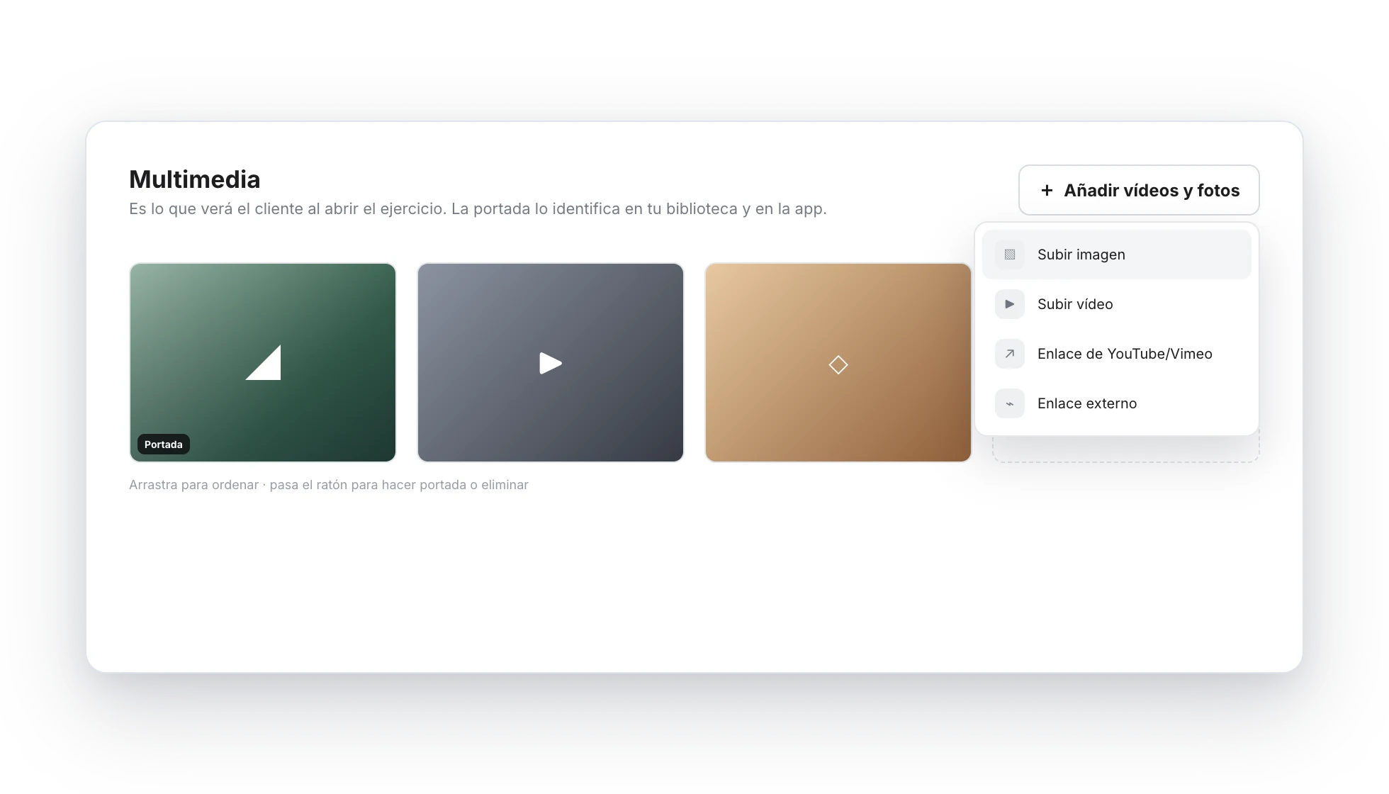 Sección Multimedia del diálogo Crear ejercicio con imágenes, vídeo, portada y el menú Añadir vídeos y fotos abierto