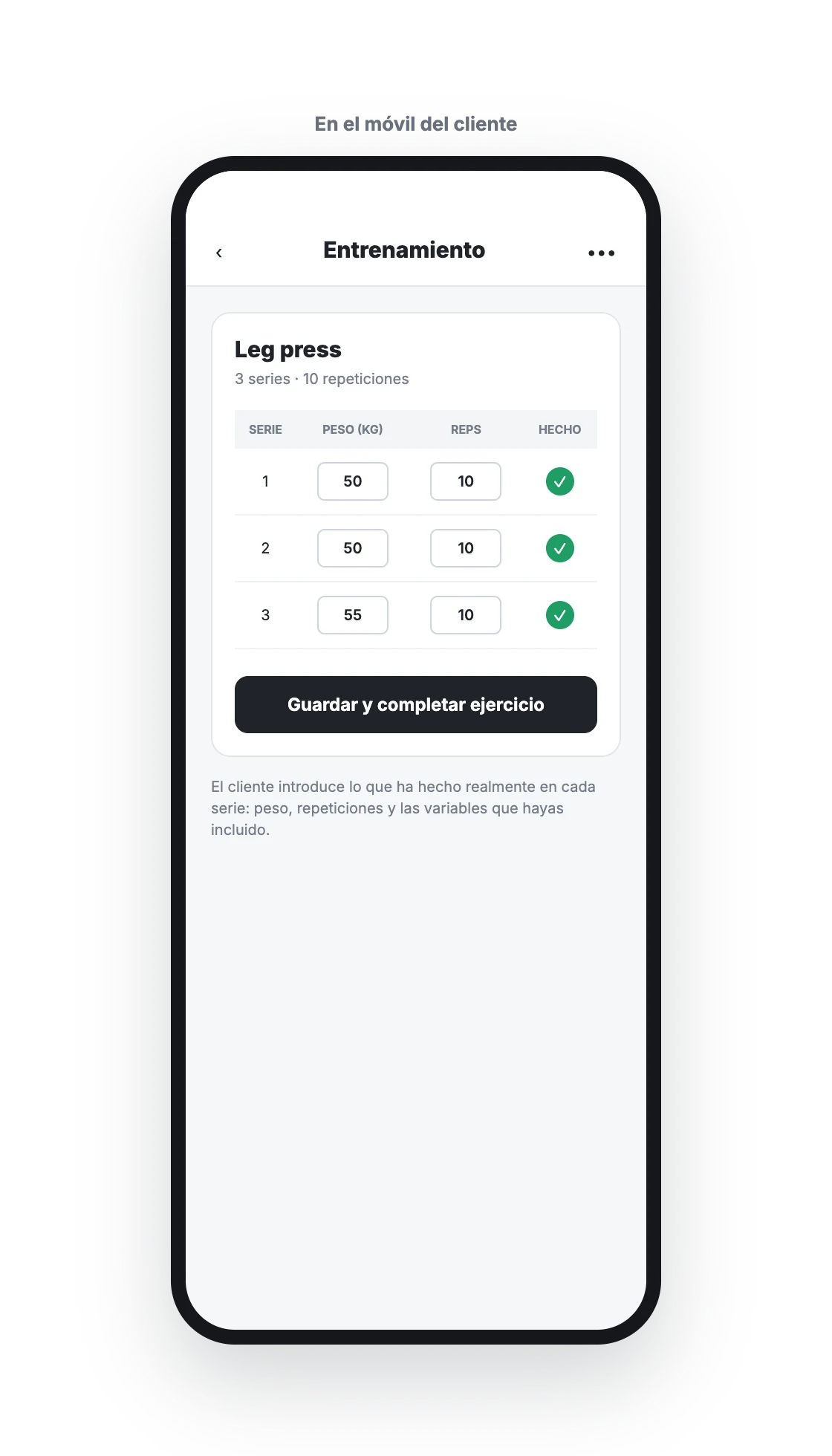 App del cliente con tres series de Leg press registradas