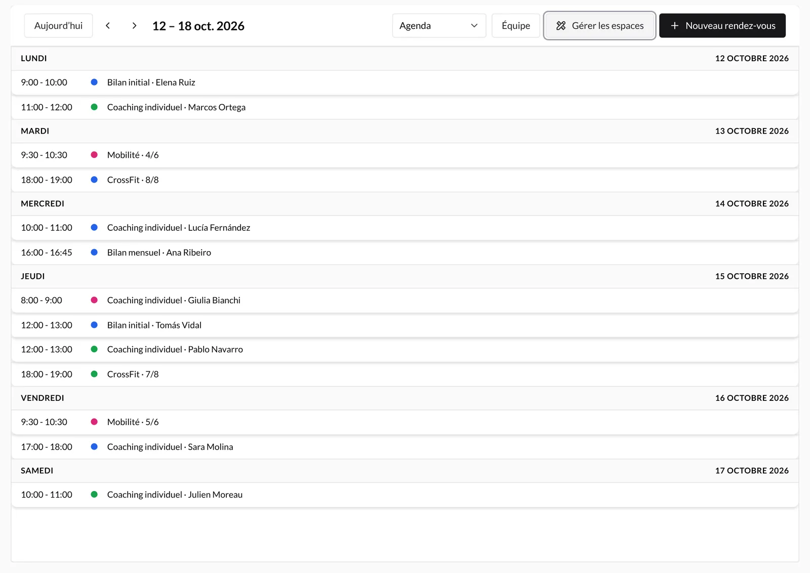 Calendrier en vue Agenda avec les rendez-vous de la semaine dans une liste chronologique
