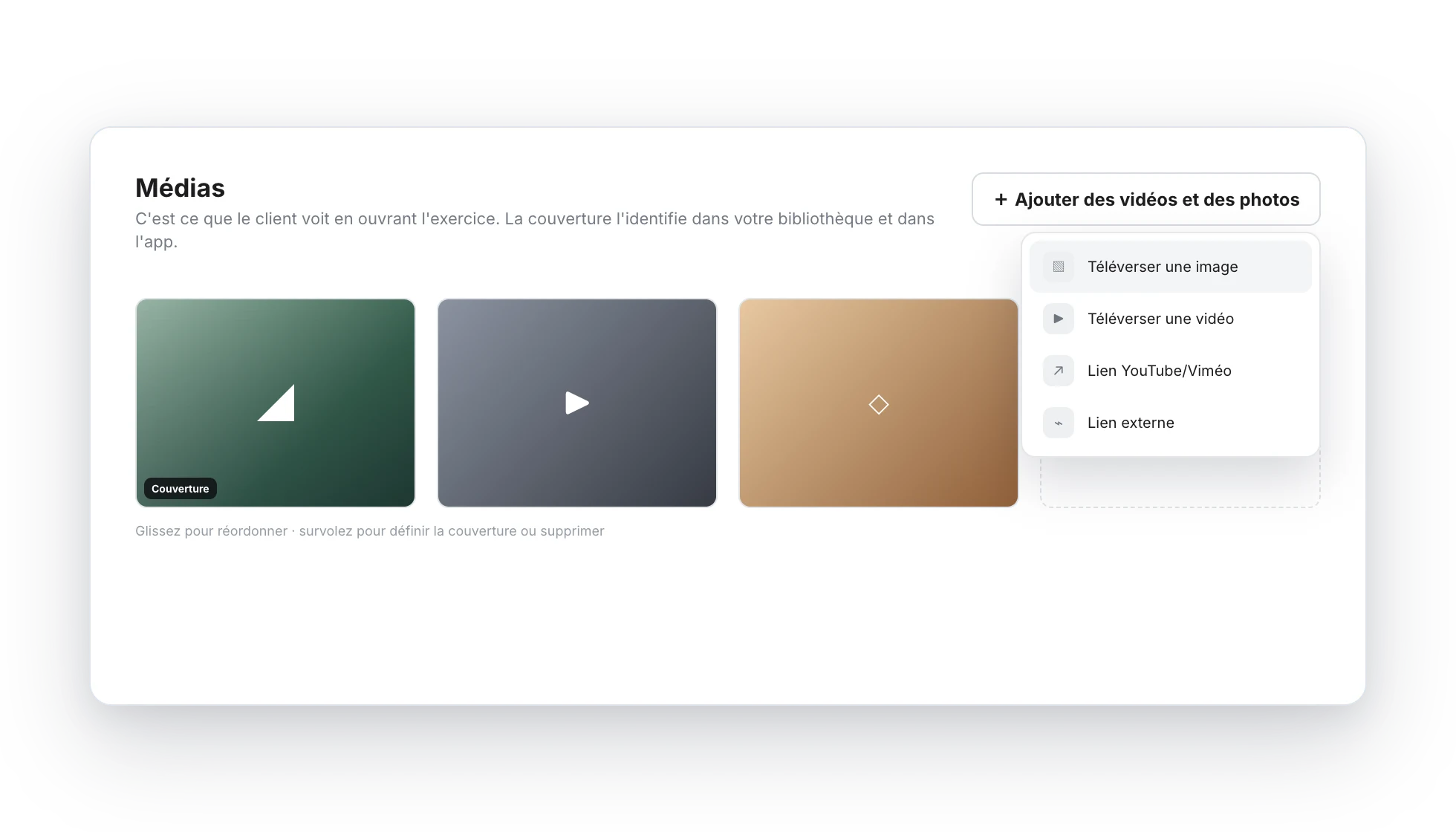 Section Médias de la fenêtre Créer un exercice avec des images, une vidéo, une couverture et le menu Ajouter des vidéos et des photos ouvert