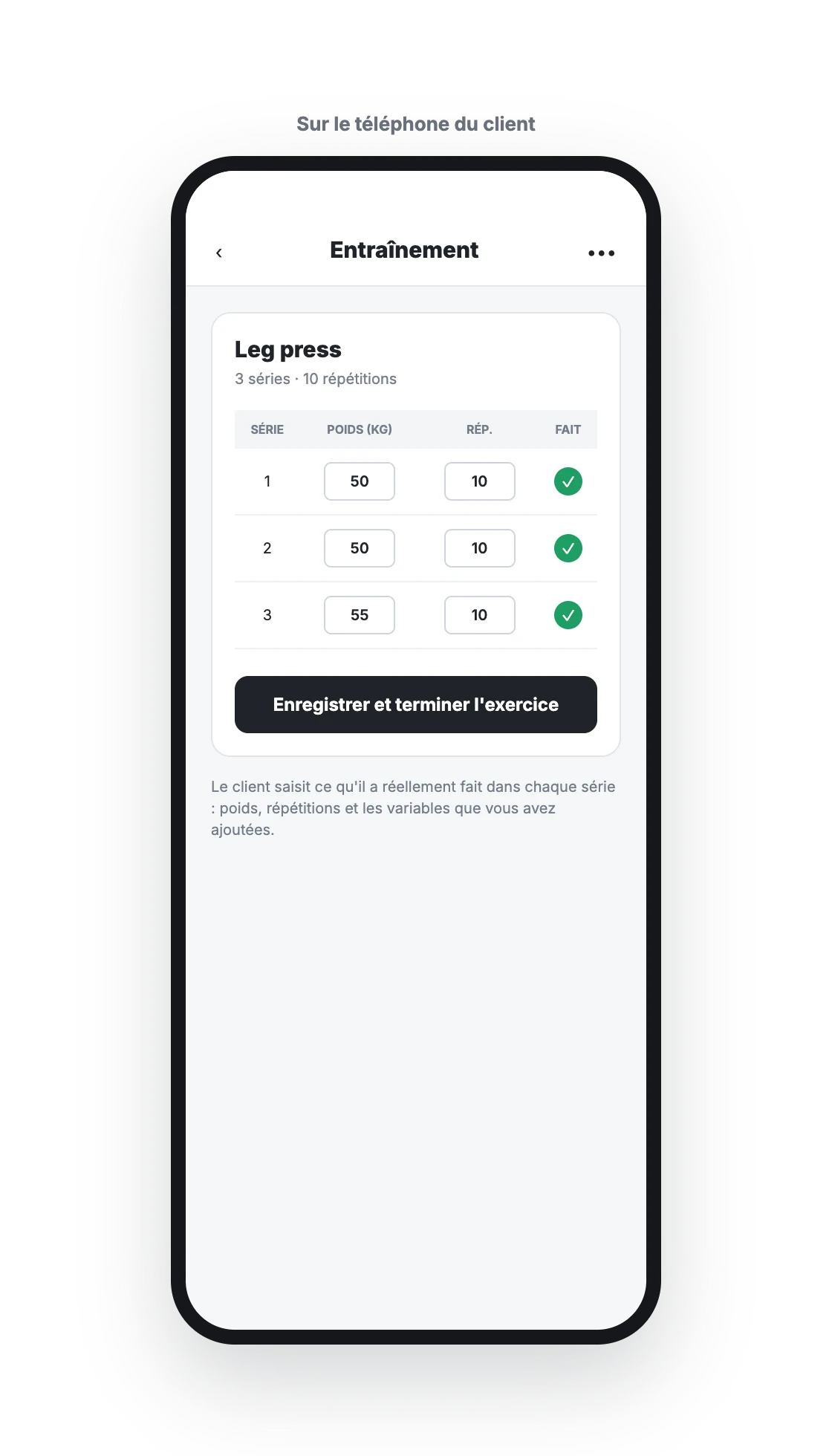 App client avec trois séries de Leg press enregistrées