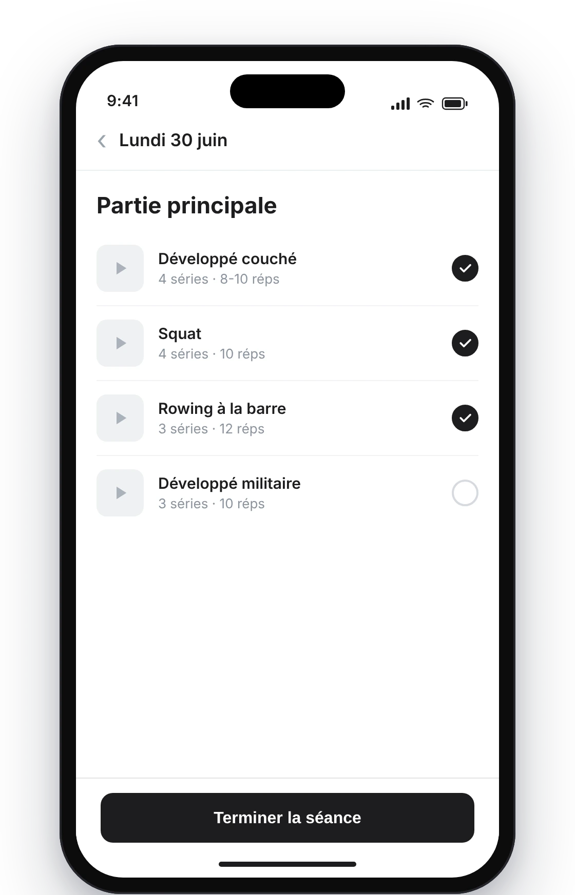 App du client : la liste des exercices du jour avec la barre inférieure fixe « Terminer la séance »