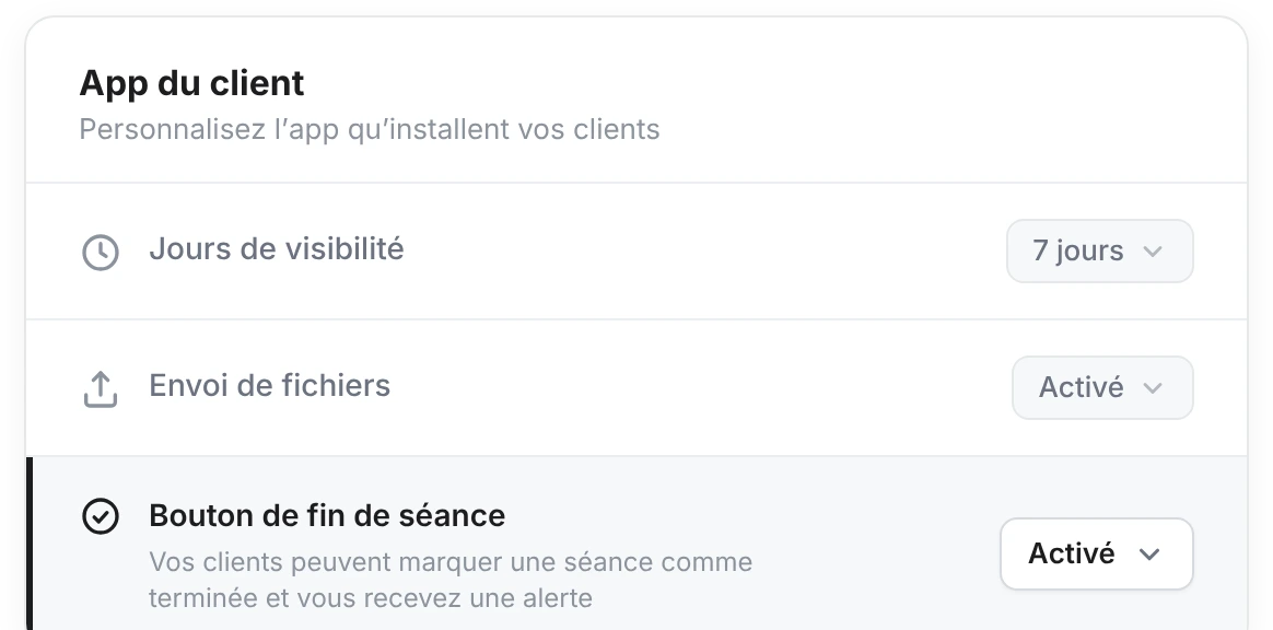 Réglages → App du client : la ligne « Bouton de fin de séance » avec un sélecteur positionné sur Activé