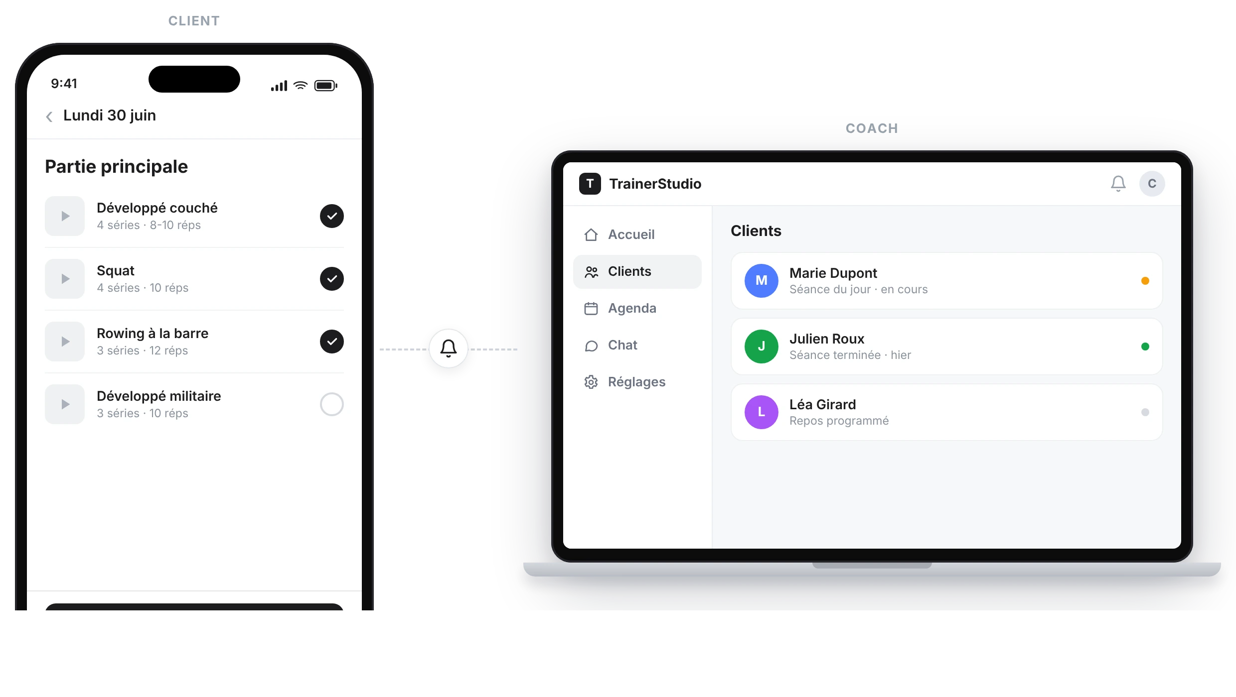 Animation : sur le téléphone, le client touche « Terminer la séance » et marque tout ; sur l'ordinateur portable du coach apparaît la notification « Séance terminée — Marie a terminé sa séance (8/8 exercices) »
