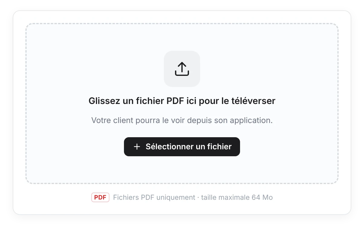 Zone pour téléverser un PDF de nutrition : cadre pour glisser le fichier avec le texte Glissez un fichier PDF ici pour le téléverser et la note indiquant que le client pourra le voir depuis son app