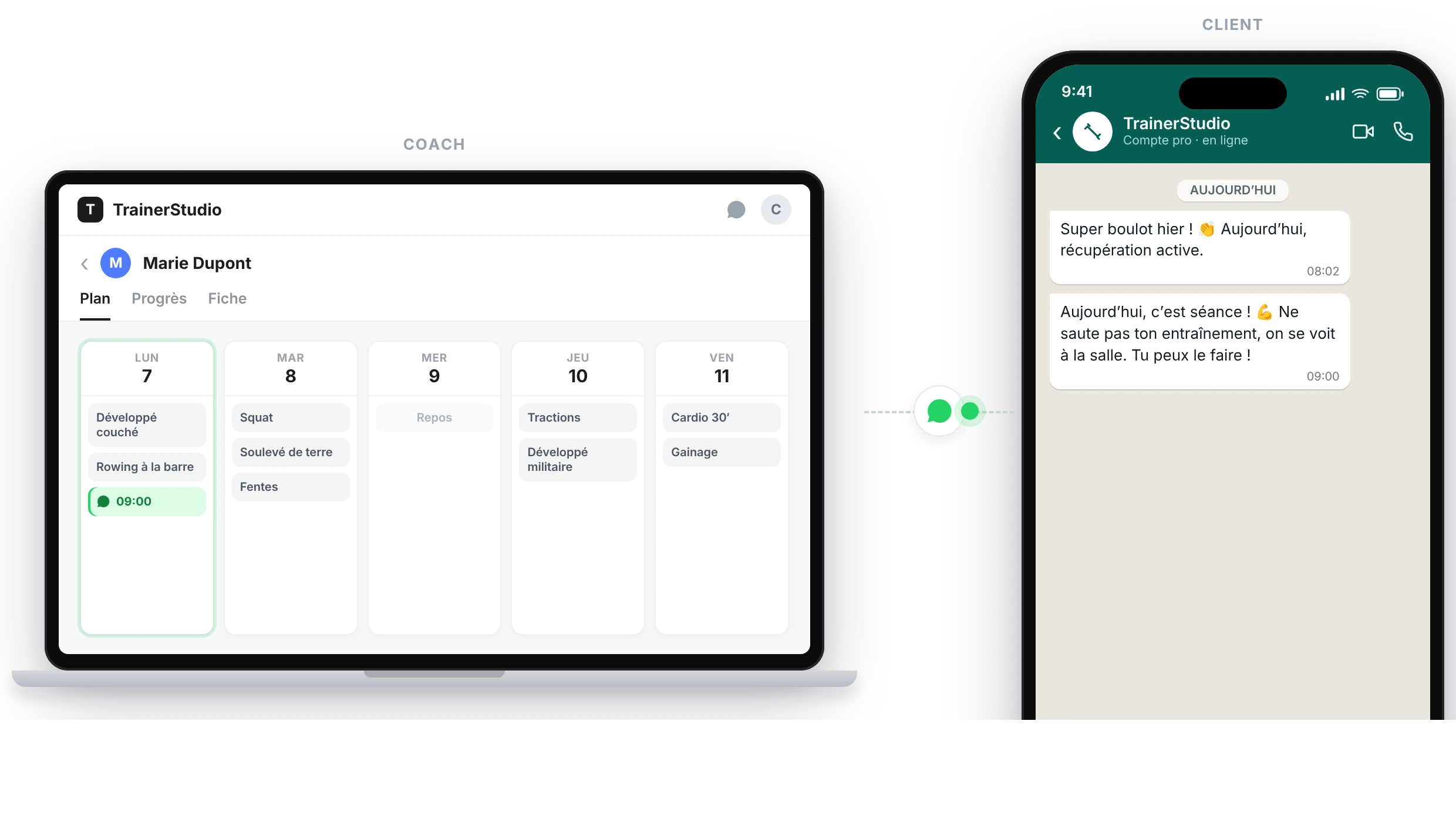 À gauche, le plan d'un client avec un « Rappel par WhatsApp » programmé à 09h00 ; à droite, le téléphone du client recevant ce message WhatsApp de « TrainerStudio »