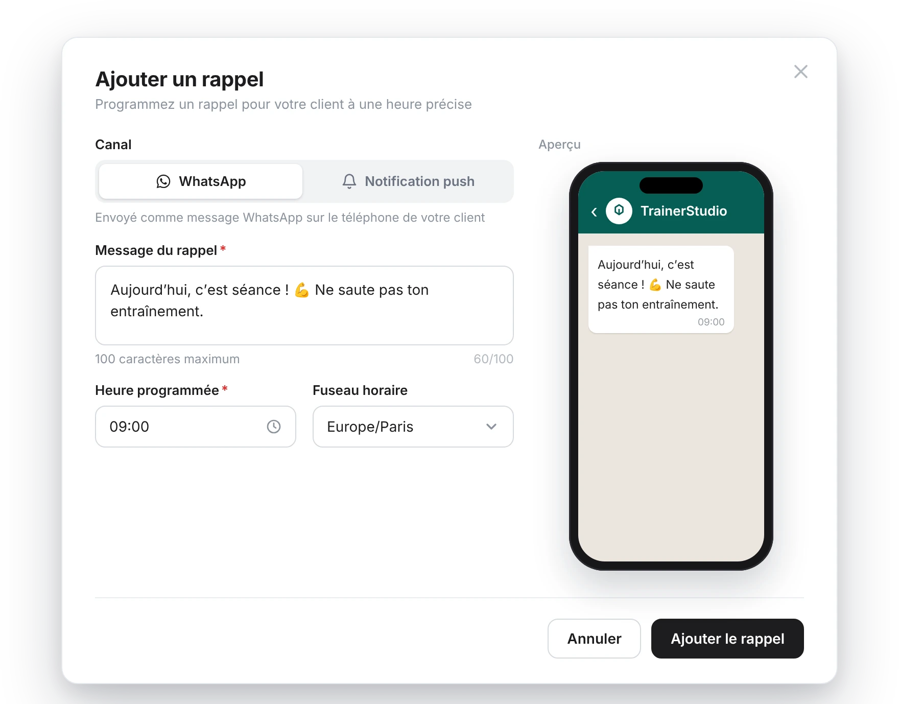 Fenêtre « Ajouter un rappel » : sélecteur de canal WhatsApp, champ du message, heure programmée 09h00 et fuseau horaire, avec un aperçu du WhatsApp à droite