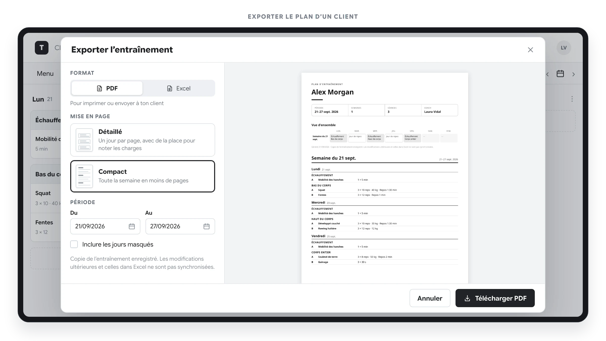 Fenêtre d’export du plan d’un client avec format, période, option pour inclure les jours masqués et aperçu