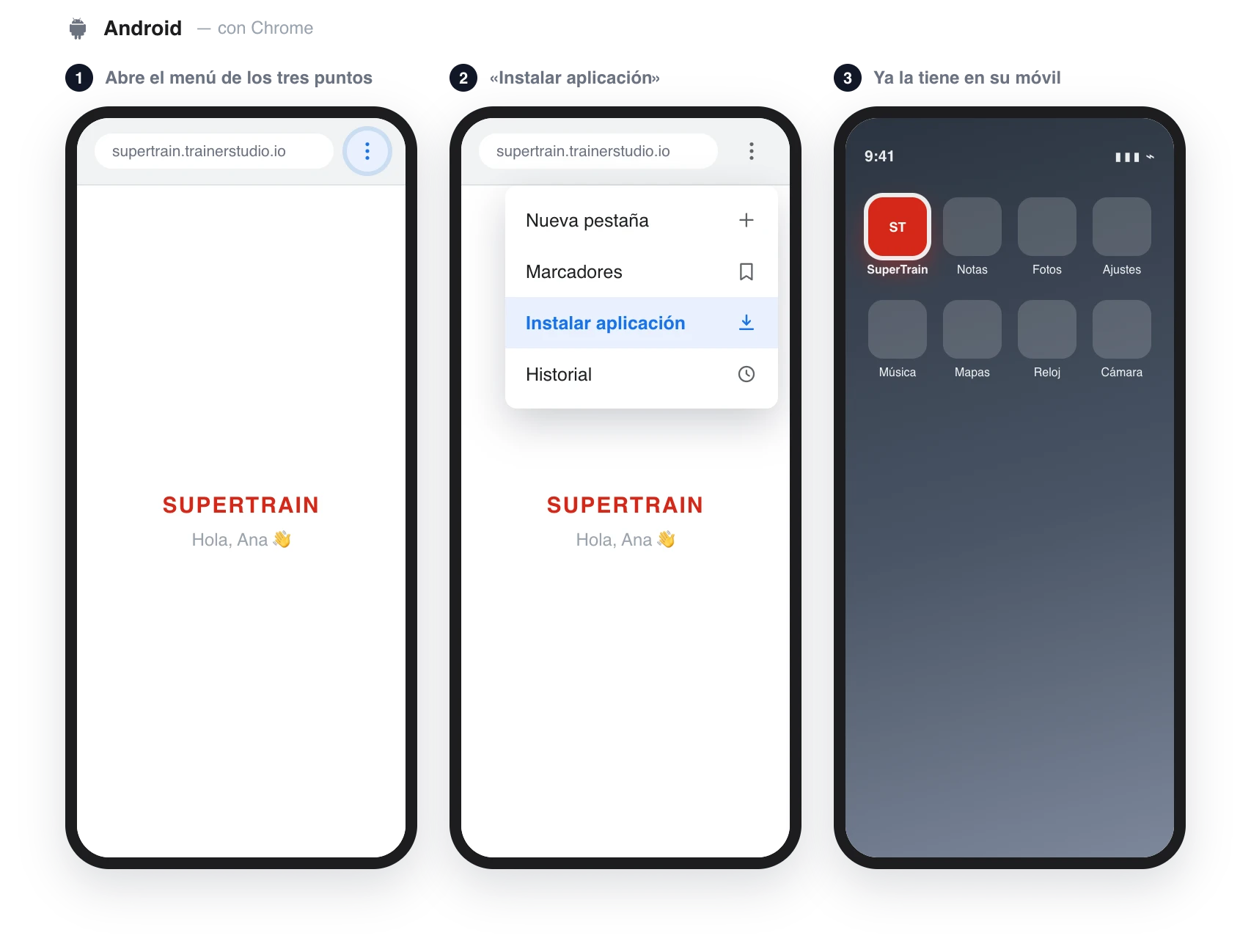 Los tres pasos en Android: el menú de tres puntos de Chrome resaltado, la opción «Instalar aplicación» resaltada y el icono de la app del entrenador ya en la pantalla de inicio