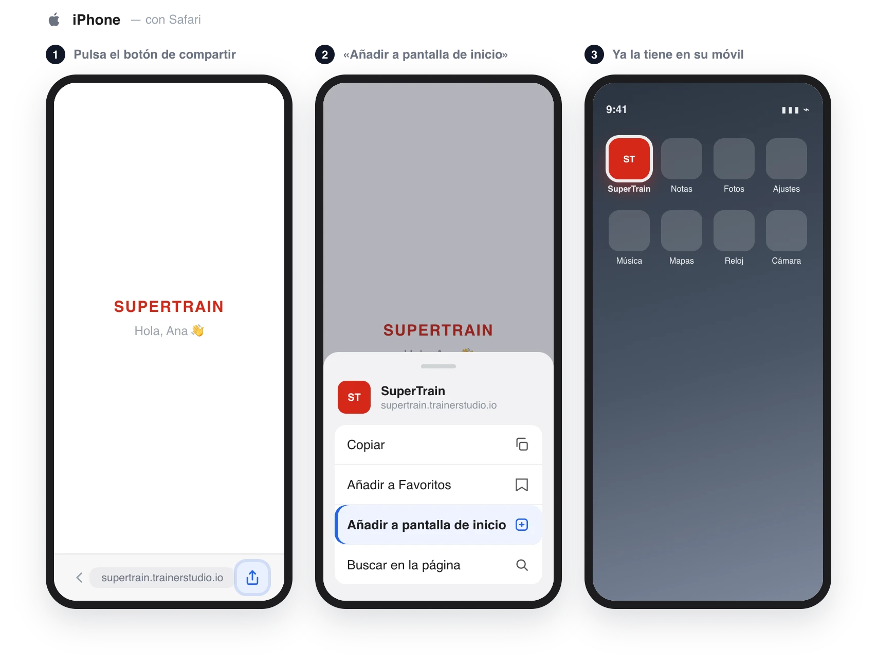 Los tres pasos en iPhone: el botón de compartir de Safari resaltado, el menú con «Añadir a pantalla de inicio» resaltado y el icono de la app del entrenador ya en la pantalla de inicio